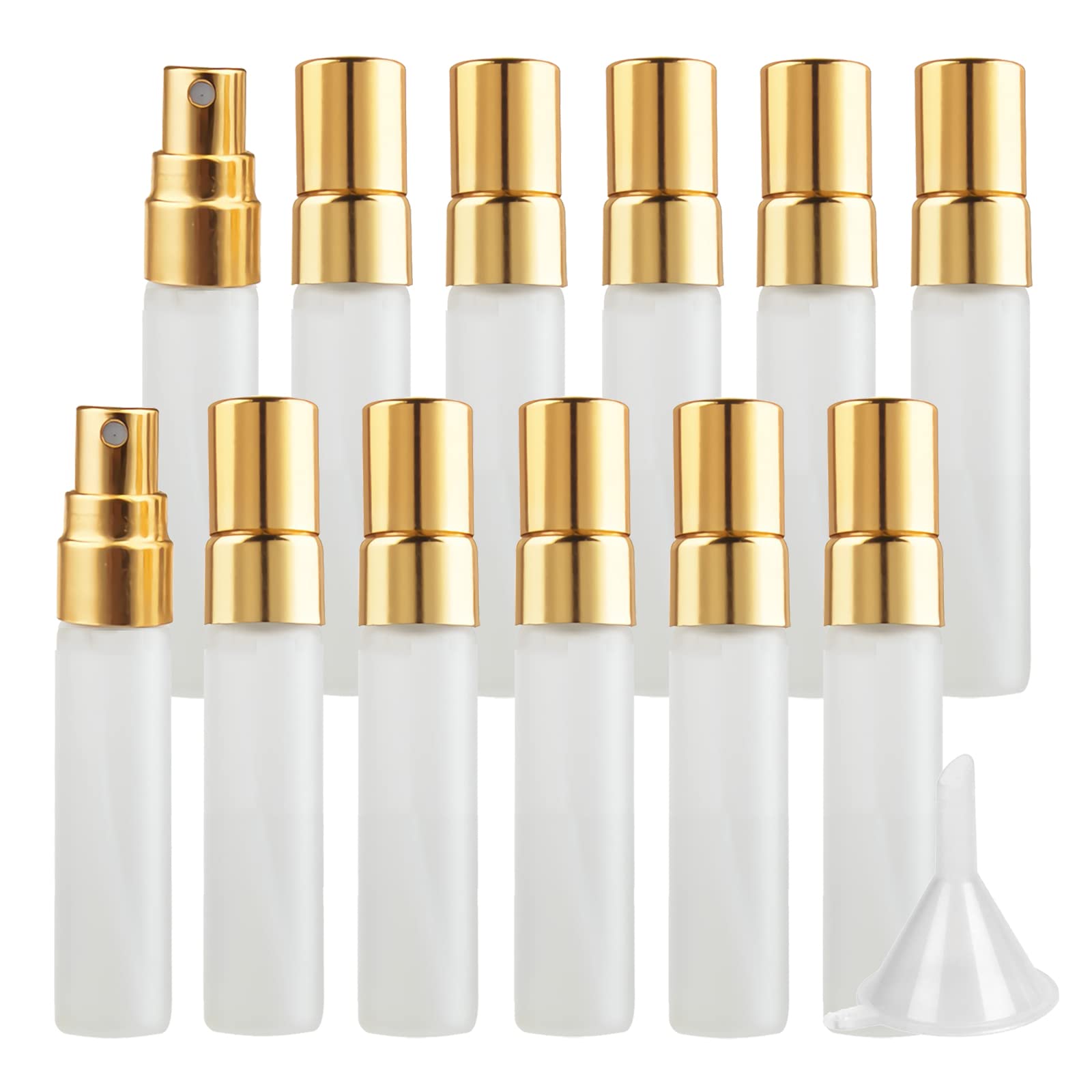 LusDoly 12-Pack 5ml Frosted Transparent Refillable Perfume Atomizer Bottles with Gold Sprayer - Travel-Sized Glass Fine Mist Bottles for Fragrance Samples, Essential Oils & DIY Perfume - Perfect for Travel, Gym, Purse & Gift Giving