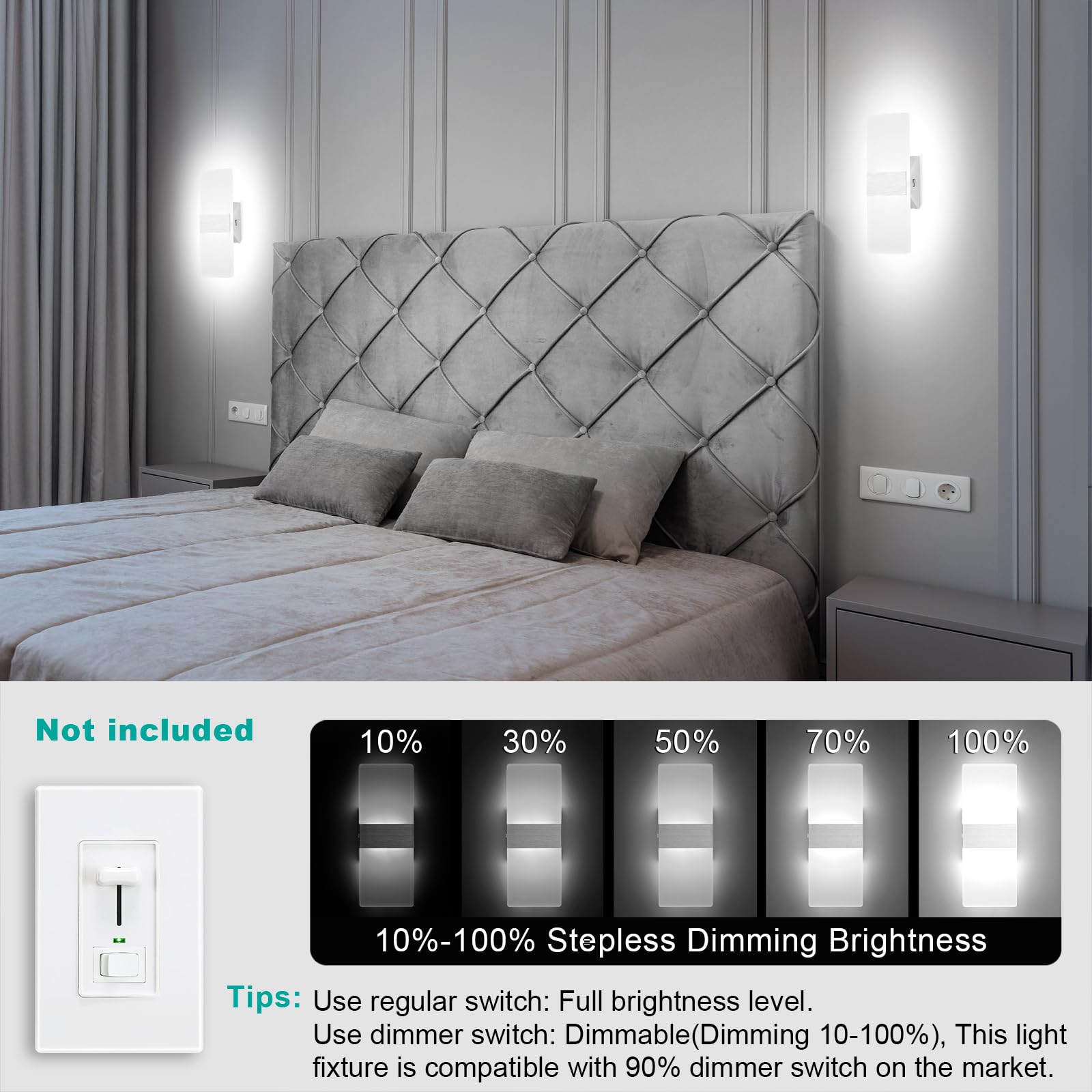 TRLIFE Dimmable LED Wall Sconces - 12W Modern Wall Mounted Light Fixtures with 4 Adjustable Color Temperatures (Set of 2, Silver) | Perfect for Bedroom, Living Room, Hallway & Stairway Lighting