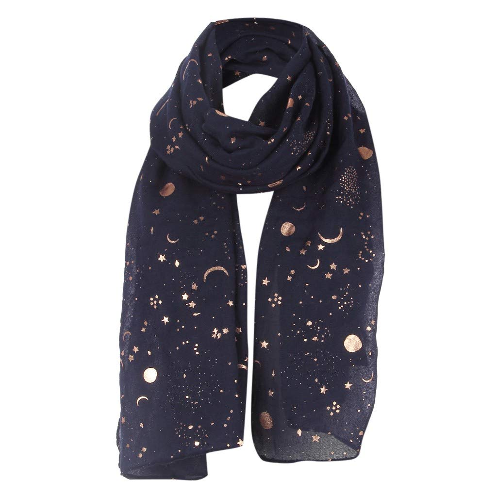Women's Fashion Star Moon Foil Printed Silk Scarf Wrap - Elegant Shawl for Travel, Parties & Evening Wear - Black and Red Plaid Design (Navy, One Size) - Perfect Gift for Her