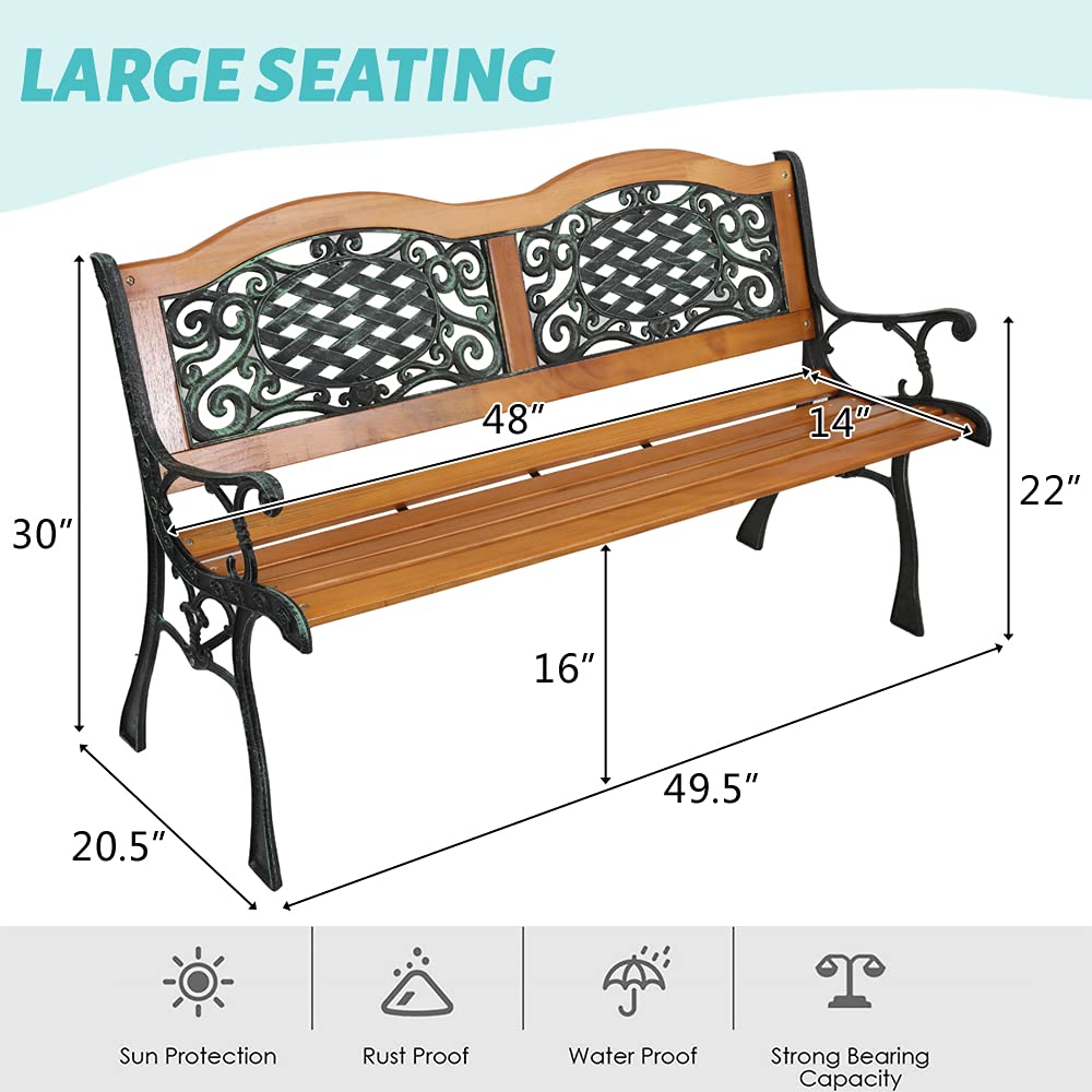 JOYBASE 50 Inch Outdoor Patio Bench - Sturdy Wood and Iron Garden Bench for Park, Porch, Backyard - Weather-Resistant Black & Natural Finish - Perfect for Outdoor Relaxation, Garden Seating and Patio Decor