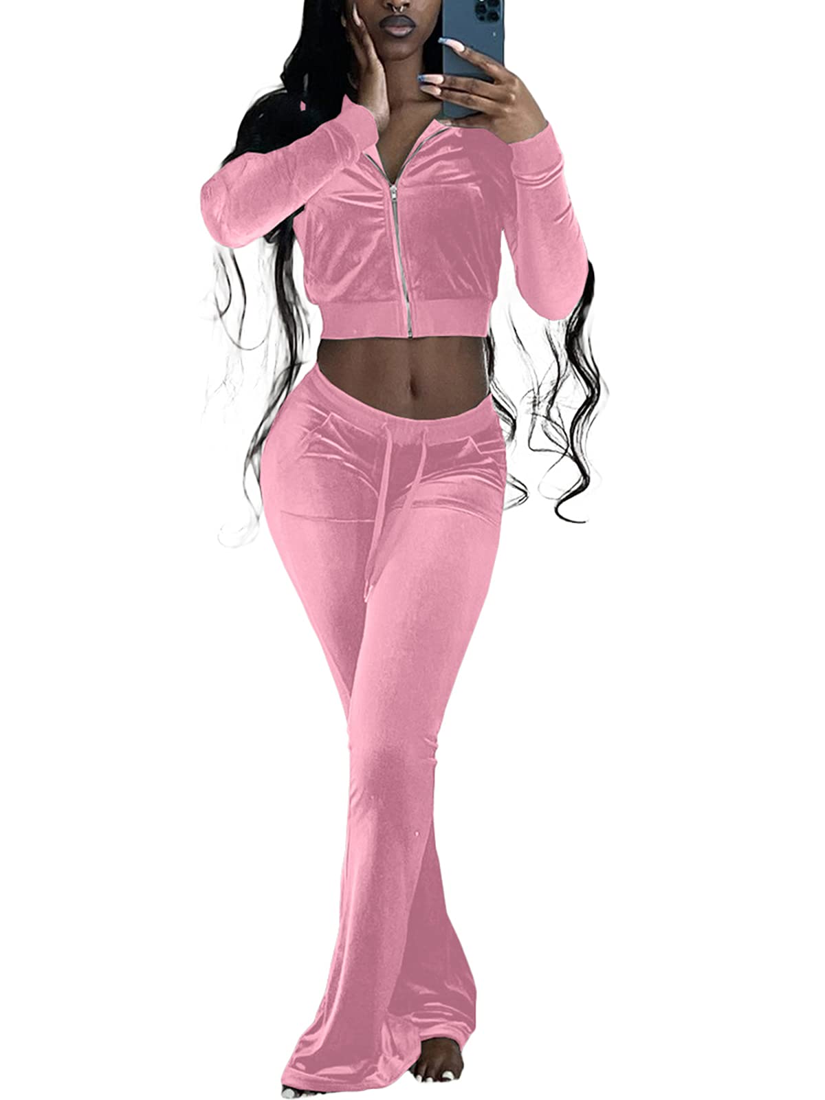 Women's Velour 2-Piece Outfit Set - Zip Crop Jacket & Wide Leg Pants | Cozy Lounge Tracksuit for Casual Wear, Home Comfort & Street Style Fashion
