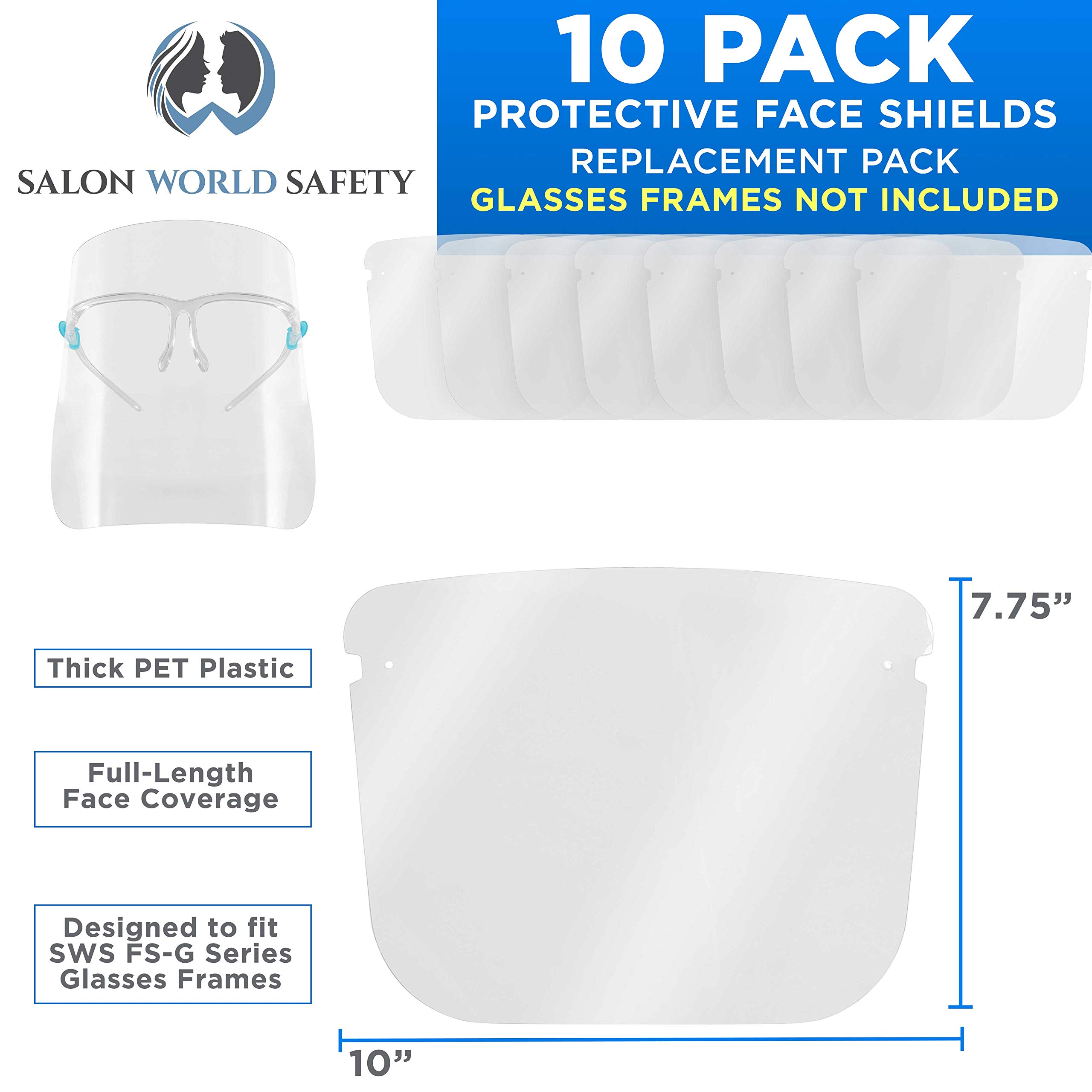 TCP Global Salon World Safety Replacement Face Shields (Pack of 10) - Ultra Clear PET Plastic, Anti-Fog, Full Face Protection for Eyes, Nose & Mouth - Fits Most Brands - Ideal for Salons, Medical, Labs & Industrial Use
