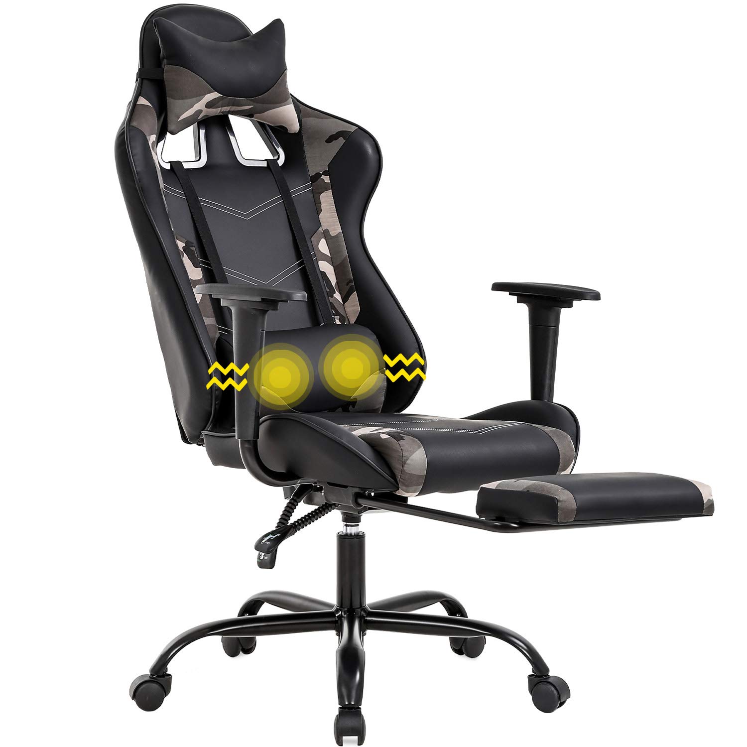 Ergonomic Gaming Chair with Lumbar Support & Headrest - PU Leather Racing Office Desk Chair for Adults - Adjustable Swivel Computer Chair with Footrest & Massage Function - Perfect for Home Office, Gaming Setup & Workstation (Camo Design)