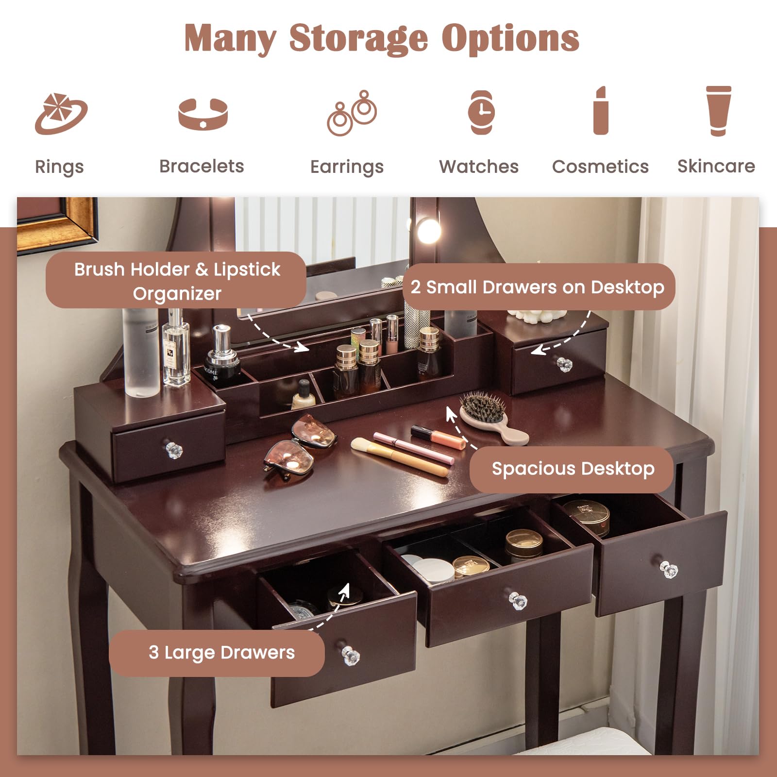 Charmaid Vanity Desk with LED Lights & Mirror - Modern Makeup Dressing Table with 5 Storage Drawers, 3 Color Lighting Modes, Adjustable Brightness & Stool - Espresso Finish for Bedroom, Boudoir & Beauty Room Organization