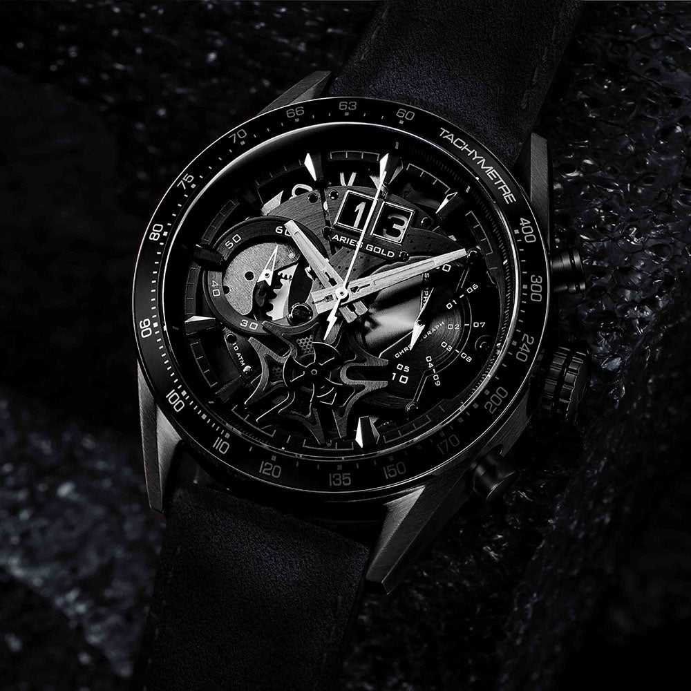 ARIES GOLD Chronograph Men's Watch - Black Stainless Steel Case & Leather Strap - Water Resistant - Perfect for Business, Casual & Formal Occasions
