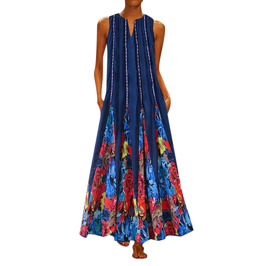 Plus Size Women's Vintage Bohemian Print Sleeveless V-Neck Maxi Dress - Casual Flowy Summer Dress for Beach, Vacation & Daily Wear