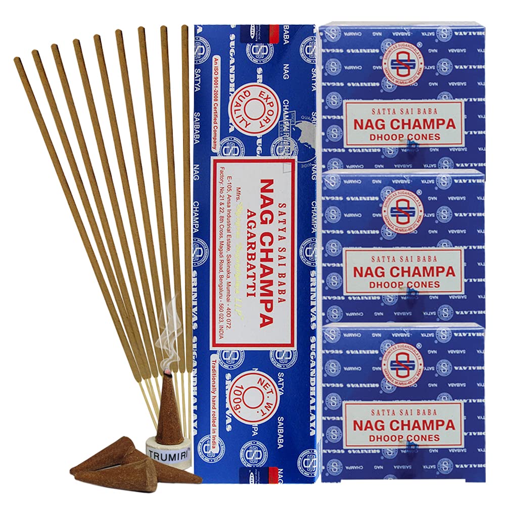 Satya Nag Champa Incense Sticks & Cones Variety Pack - 100g with Burner Holder | Natural Aromatherapy for Meditation, Yoga & Home Relaxation | Smudging & Spiritual Cleansing