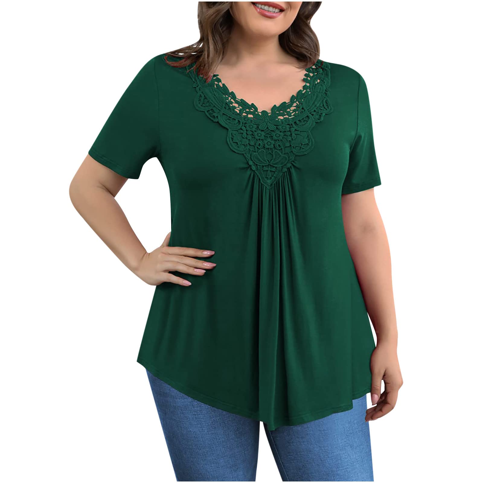 **2022 Plus Size Flowy Summer Tops for Women - Trendy V-Neck Lace Patchwork Short Sleeve T-Shirts, Casual & Comfy Tunic Tops for Beach, Vacation & Everyday Wear**