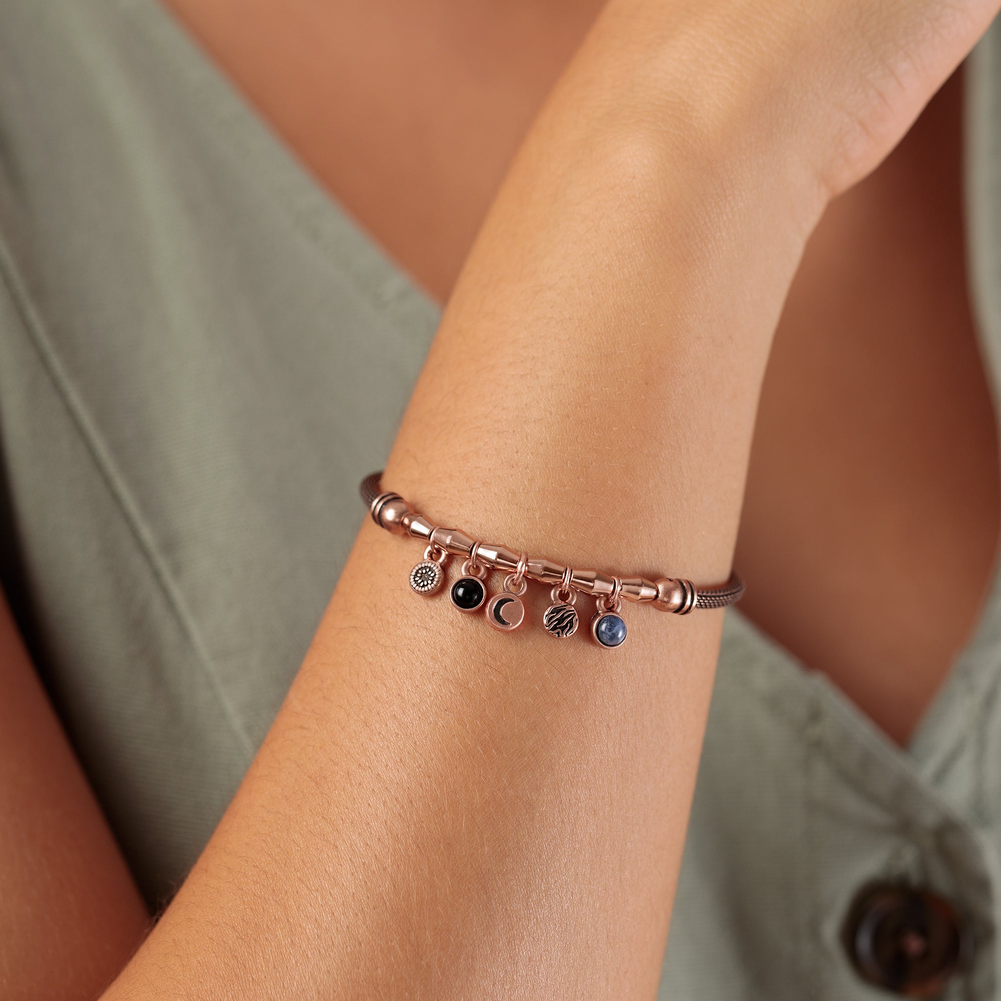 Crescent Moon & Gemstone Multi-Charm Mesh Cuff Bracelet for Women | Boho Chic Jewelry for Everyday Wear & Special Occasions