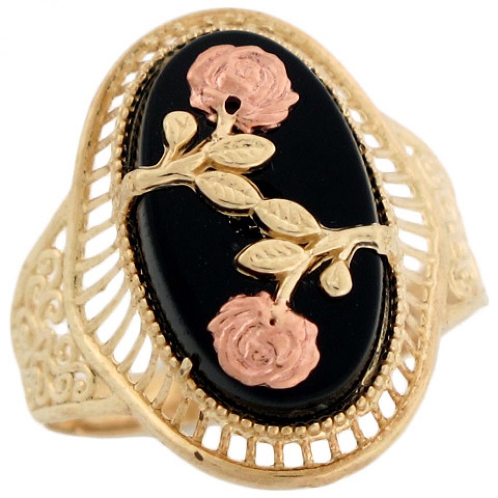 10K Solid Two-Tone Gold & Rose Gold Floral Filigree Onyx Ring - Jewelry Liquidation Sale - Perfect for Weddings, Parties & Special Occasions