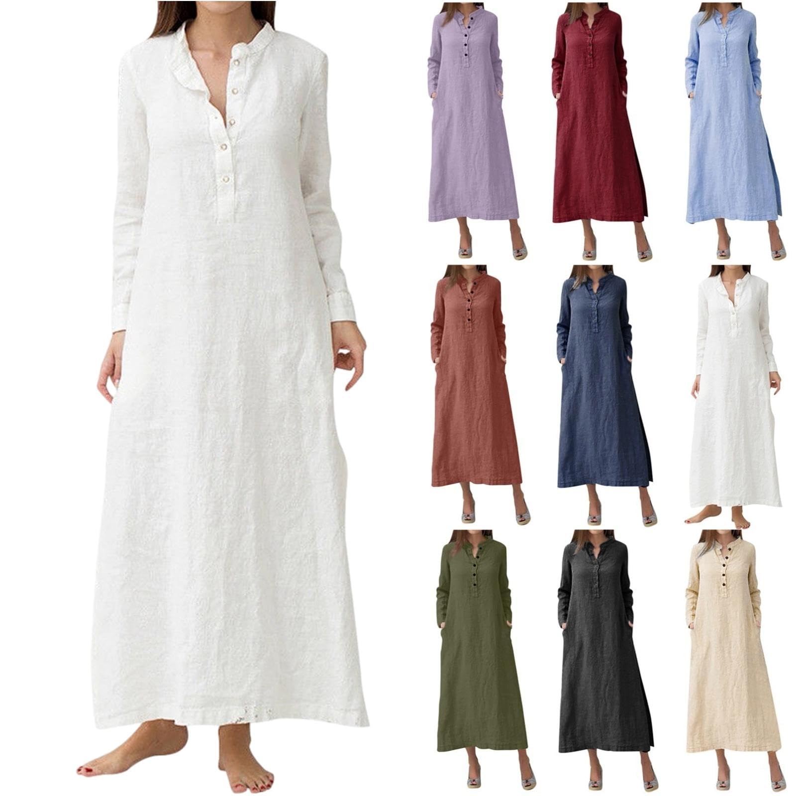 Trendy Women's Fall Dresses 2023 - Long Sleeve Solid Color Maxi Dress with Pockets | Casual Elegant Shirt Dress for Autumn Outfits, Office Wear & Date Night