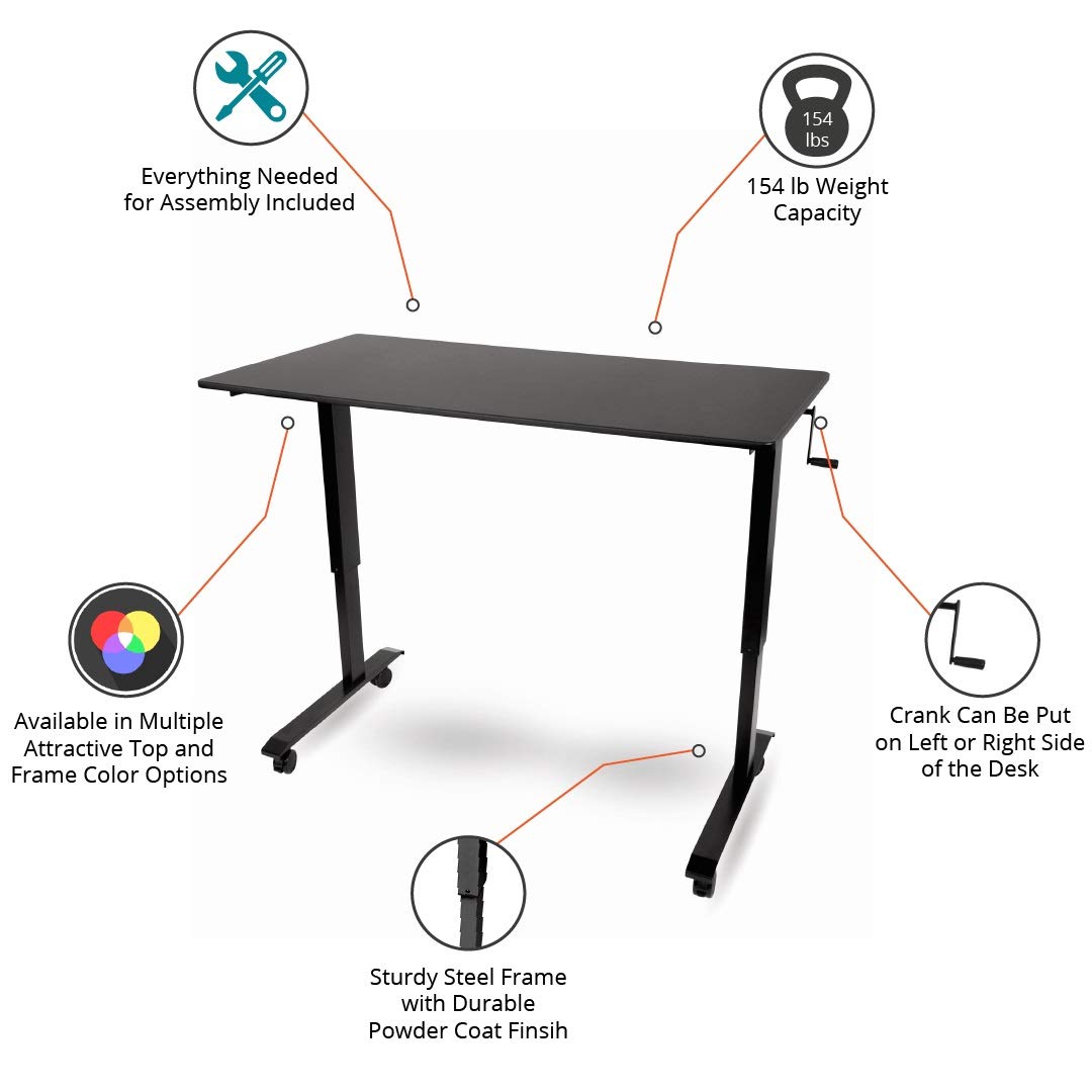 Adjustable Height Crank Standing Desk with Wheels - Black Frame & Matte Black Top, 60