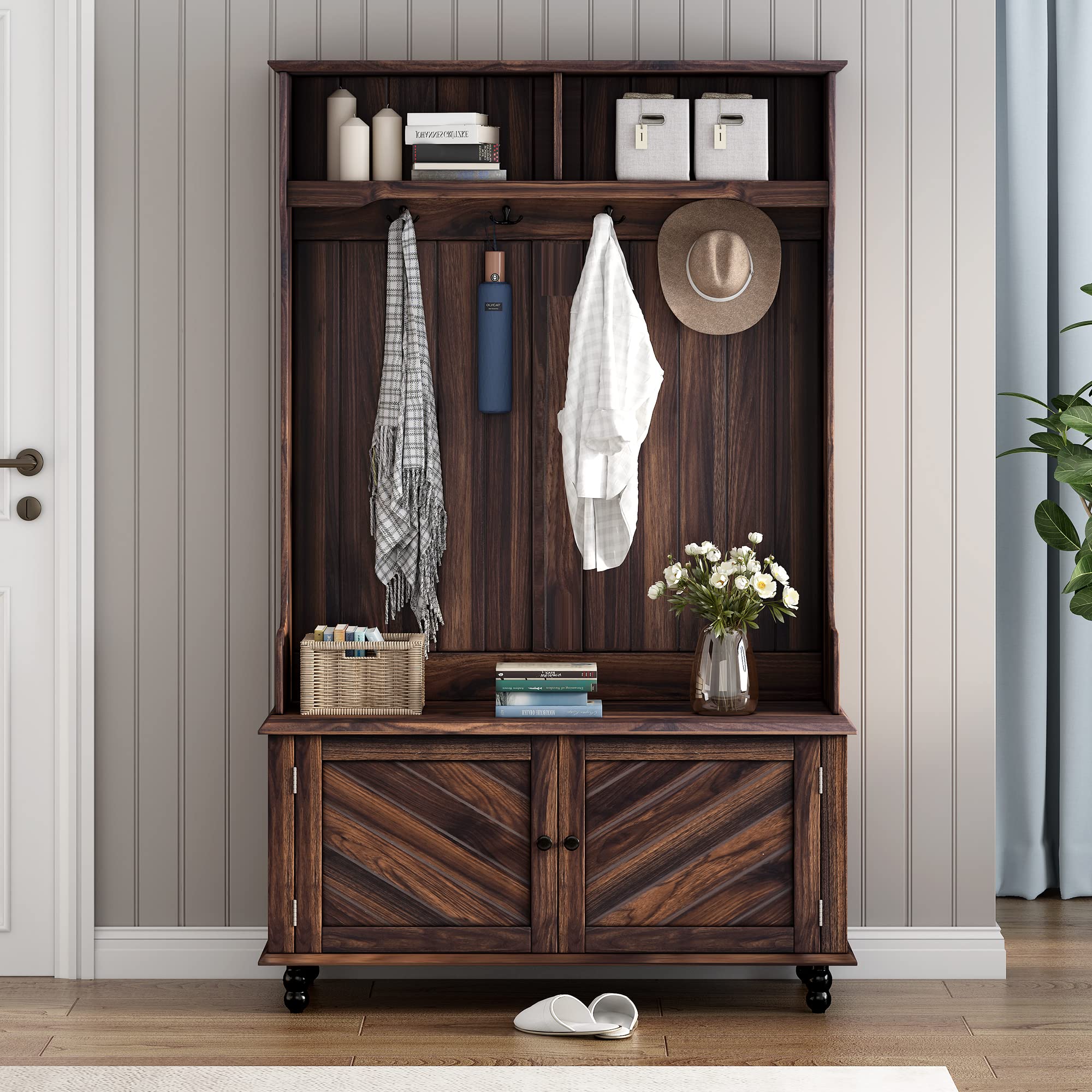 NicBex 40-Inch Hall Tree with Bench & Shoe Storage - 3-in-1 Entryway Organizer with 4 Hooks & Coat Hanger - Brown Wooden Foyer Furniture for Hallway, Mudroom & Home Entrance - Perfect for Storing Coats, Shoes & Bags