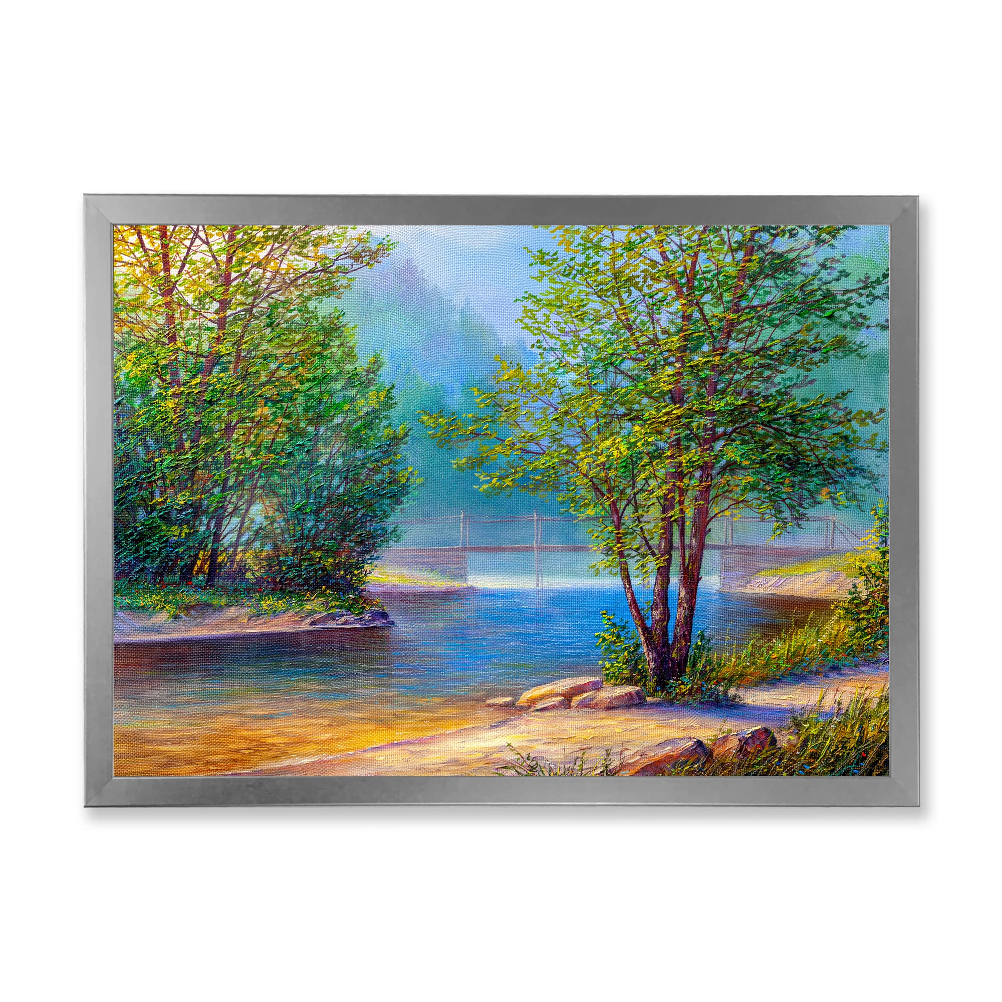 DesignQ Green Trees By The Riverside Traditional Framed Wall Art - Nature Landscape Painting for Living Room, Bedroom & Office Decor - Perfect Gift for Housewarming & Holidays