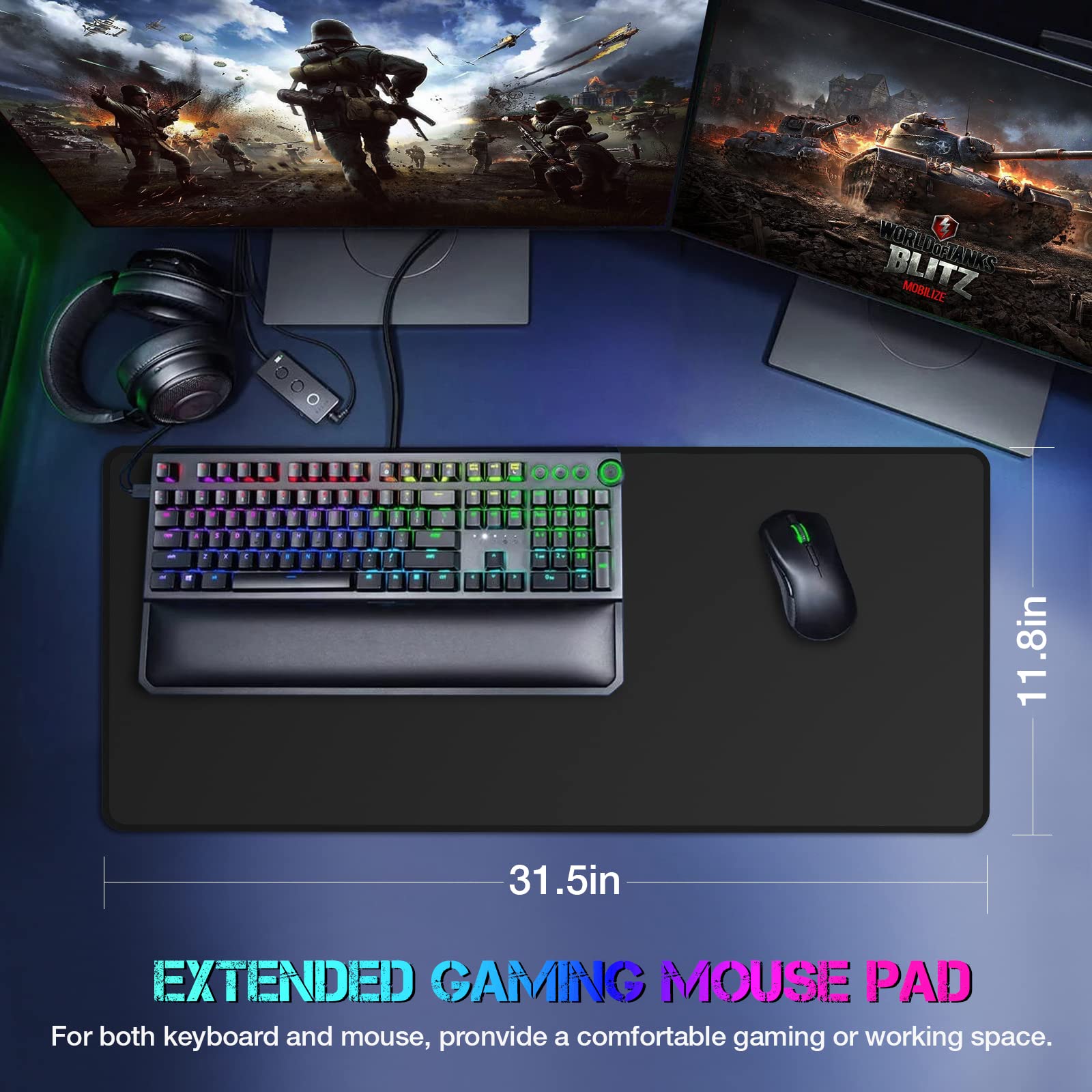 ETZ Large Gaming Mouse Pad - 31.5 x 11.8 Inches Extended Mouse Mat with Stitched Edges, Non-Slip Rubber Base, Waterproof & Washable Desk Pad for PC, Laptop, Gaming & Office Use - Black