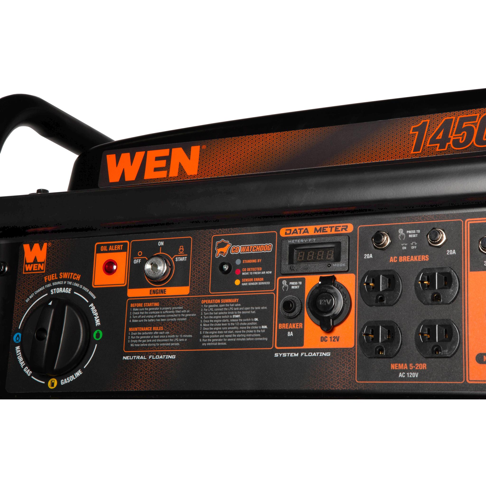 WEN TF1450X 14,500W Tri Fuel Generator - Gas/Propane/Natural Gas Compatible, 120V/240V with Electric Start & Wheel Kit - CO Watchdog Safety - Perfect for Home Backup Power, Camping & Emergency Use