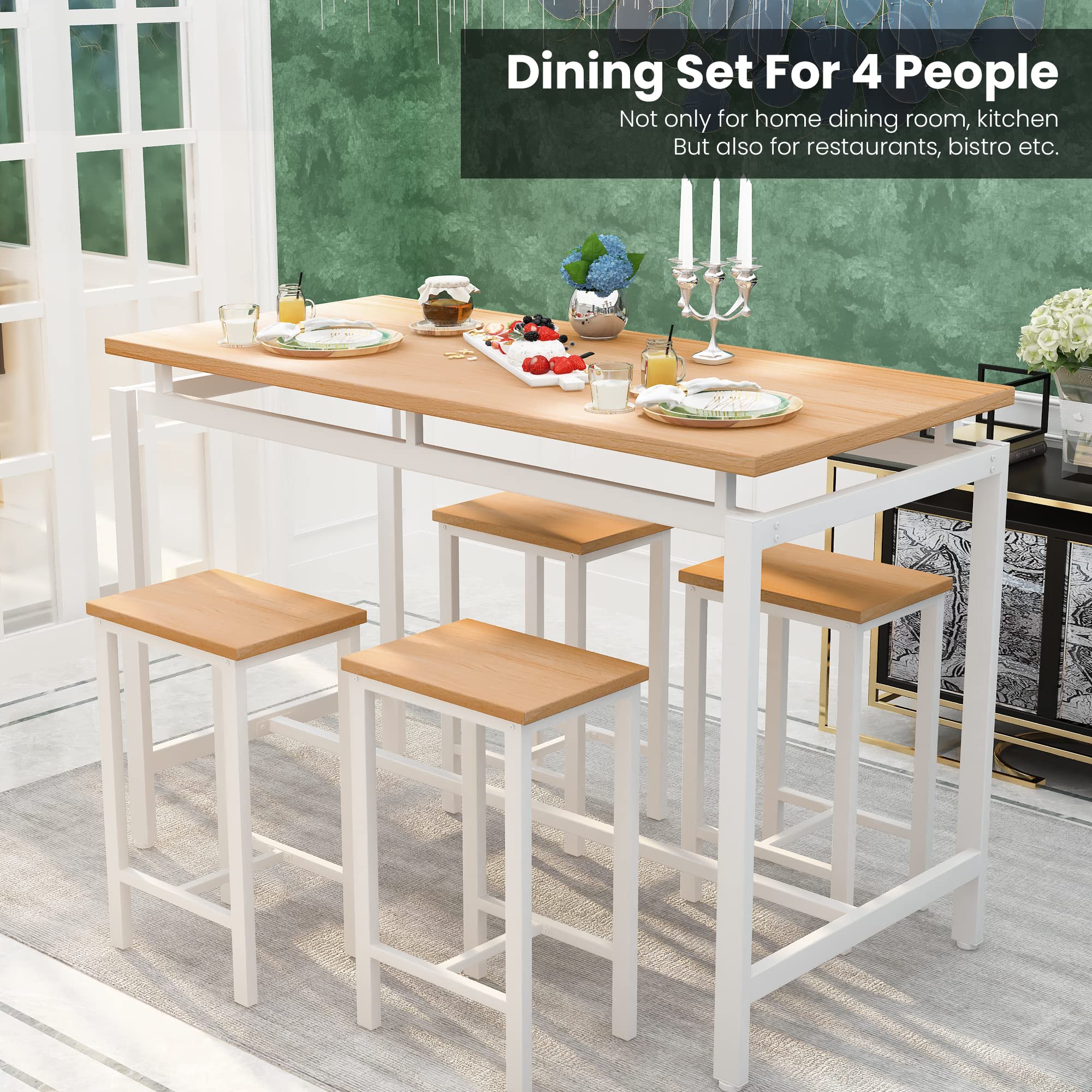 DKLGG 5-Piece Wooden Dining Table Set for 4 - Small Kitchen Table with 4 Stools, Space-Saving Bar Height Kitchen Table and Chairs Set - Perfect for Breakfast Nooks, Small Apartments & Cozy Dining Areas
