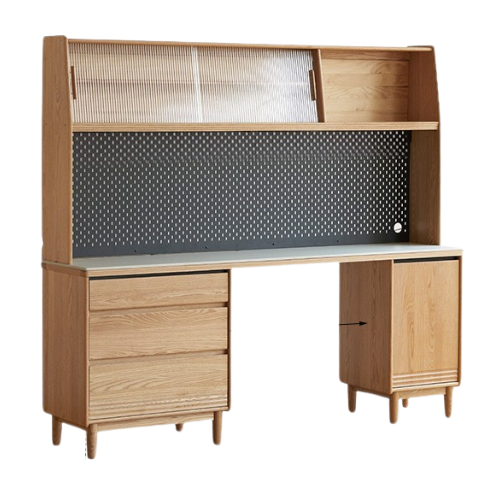 82.7x17.7x73.4 inch / 210.4x45x186.5 cm / Natural wood color / Ash white rock board sideboard + upper shelf + bull rail