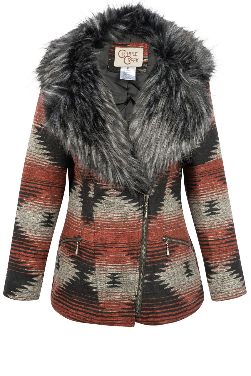 Stylish Cripple Creek Geometric Fur Jacket for Women - Trendy Winter Coat with Faux Fur Trim | Perfect for Outdoor Activities, Parties & Cold Weather Fashion
