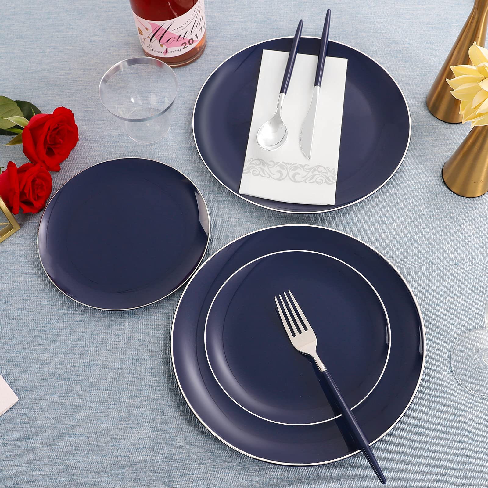 KIRE 175-Piece Blue Plastic Dinnerware Set with Silver Rim - Disposable Plates, Silverware, Cups & Napkins for 4th of July Party, BBQ, Picnic & Outdoor Events