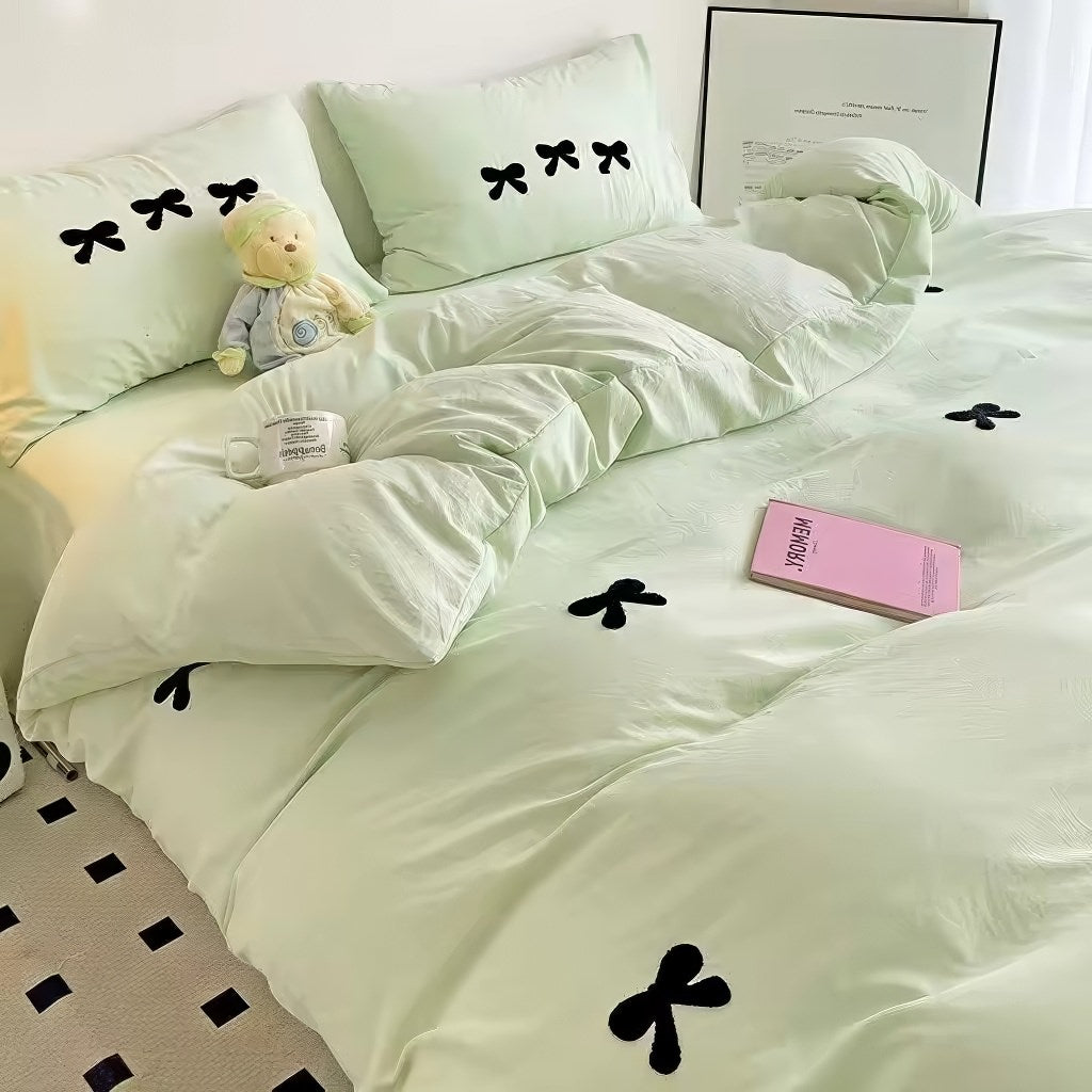 Elegant Embroidered Bow Coquette Bedding Set - Queen Size Floral Lace Duvet Cover & Pillowcases for Romantic Bedroom Decor