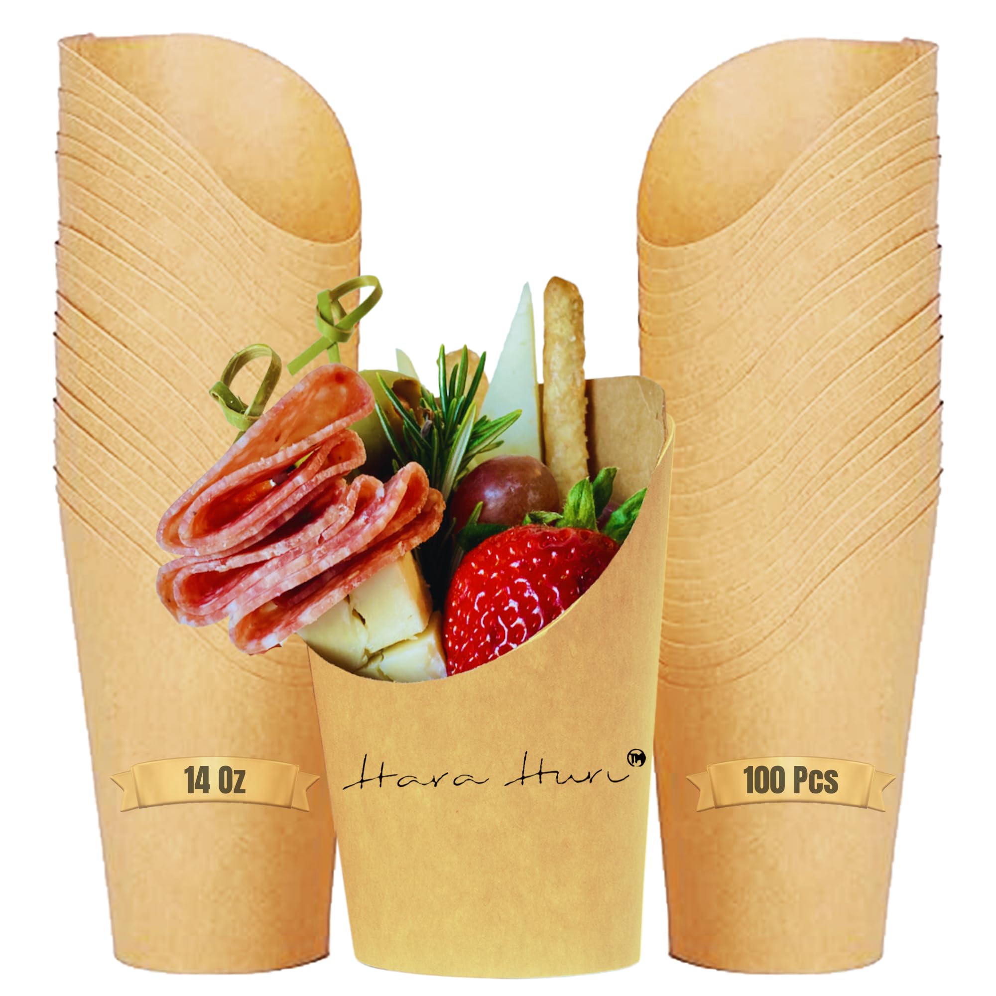 Disposable Charcuterie Cups 100-Pack | 14oz Kraft Paper French Fry Holders & Cones for Parties, Picnics, Movie Nights – Perfect for Serving Snacks, Appetizers & Finger Foods – HaraHuri