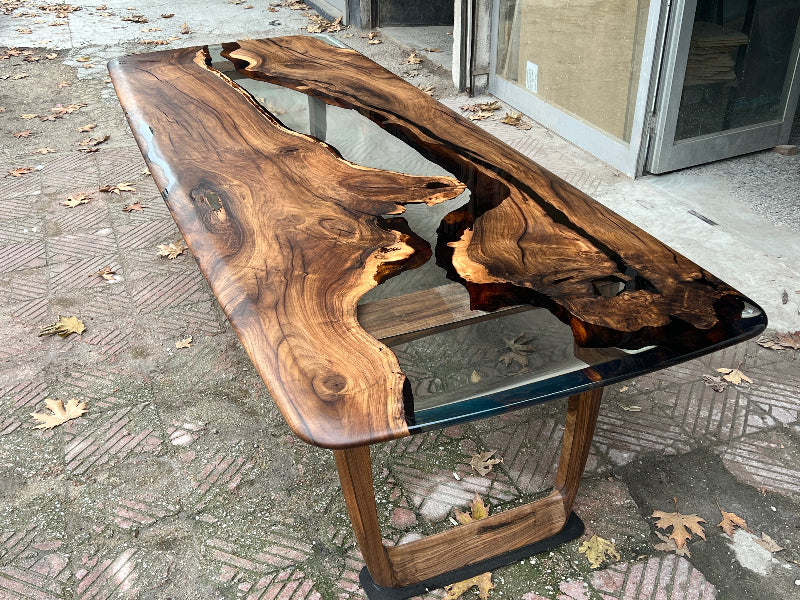 Epoxy Resin River Dining Table with Premium Walnut Wood Legs - Perfect for Modern Home Dining Room, Kitchen, and Office Spaces