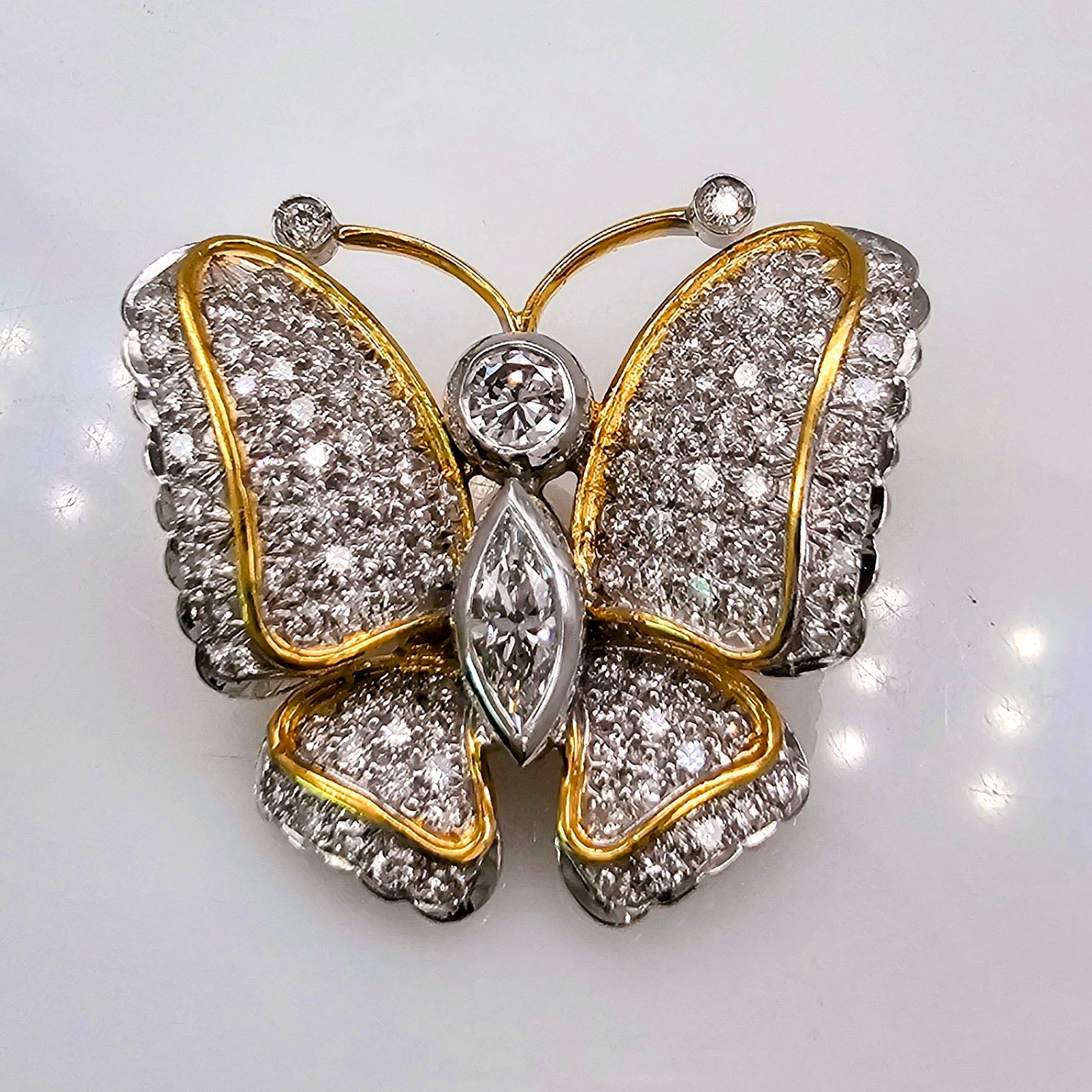 18K White & Yellow Gold Diamond Butterfly Brooch - Vintage Estate Jewelry for Weddings, Parties & Special Occasions