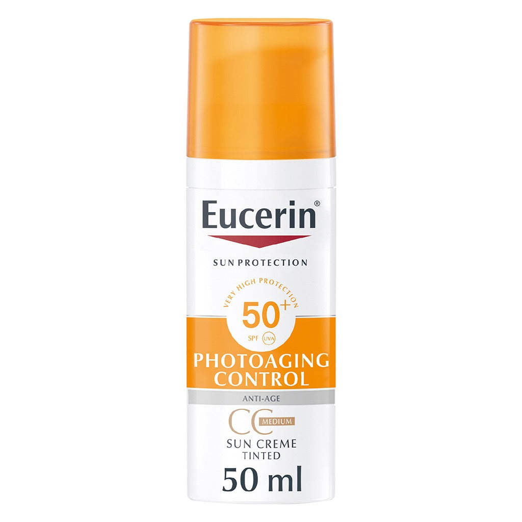 Eucerin Sun SPF 50+ Tinted CC Cream - Medium Shade Anti-Aging Sunscreen with Hyaluronic Acid & Vitamin E - 50ml - Daily UV Protection for Face - Perfect for Outdoor Activities & Travel