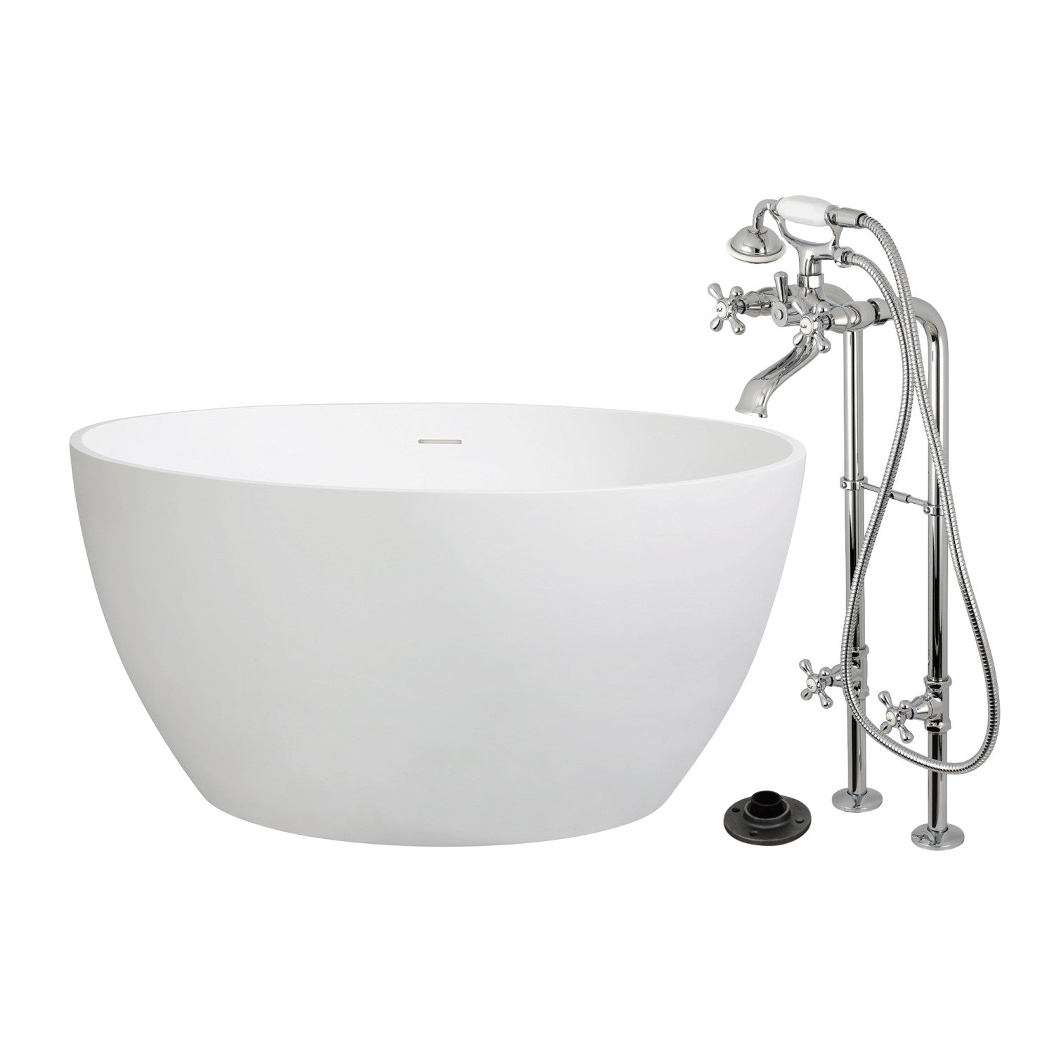 Arcticstone 45 Inch Freestanding Bathtub - Solid Surface Round Double Ended Soaking Tub with Chrome Faucet Combo & Drain - Luxury Spa Bath for Master Bathroom & Relaxation