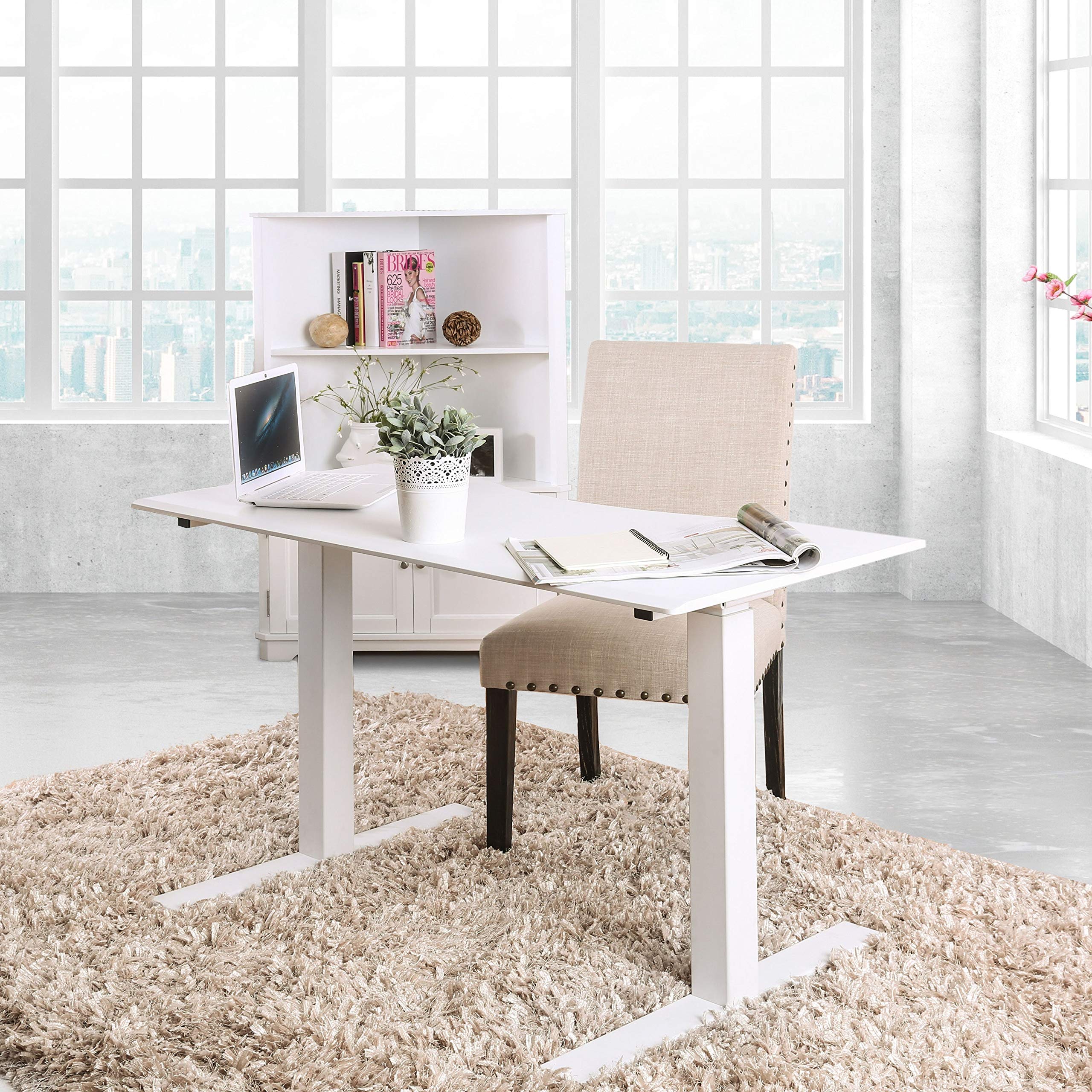 Furniture of America Flannel Contemporary Height Adjustable Desk with USB & Power Outlet - White Ergonomic Home Office Desk for Remote Work & Study