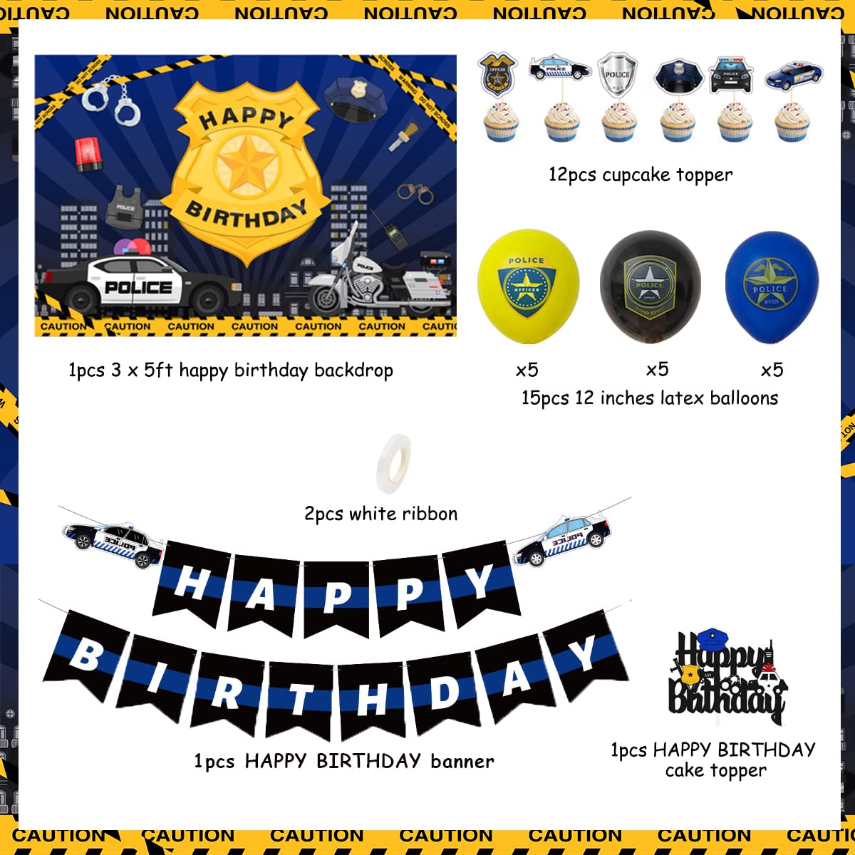 Police Birthday Party Decorations Set - Themed Balloons, Happy Birthday Banner, Backdrop & Cake Topper for Kids | Perfect for Police-Themed Birthday Celebrations & Special Events