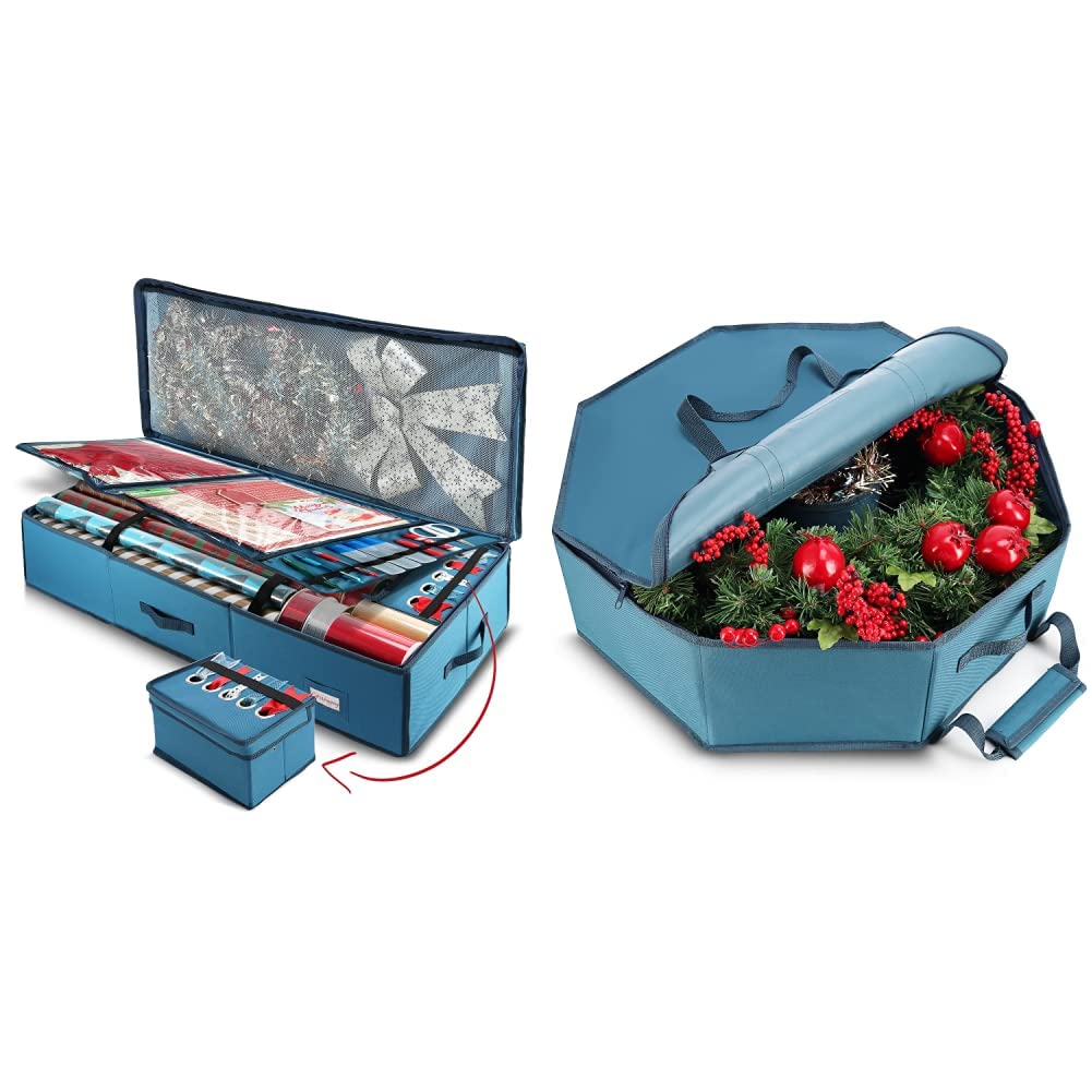Hearth & Harbor Wrapping Paper Storage Organizer & Christmas Wreath Storage Container - Hard Shell Holiday Decoration Organizer with Interior Pockets - Perfect for Gift Wrap, Seasonal Decor, and Home Organization