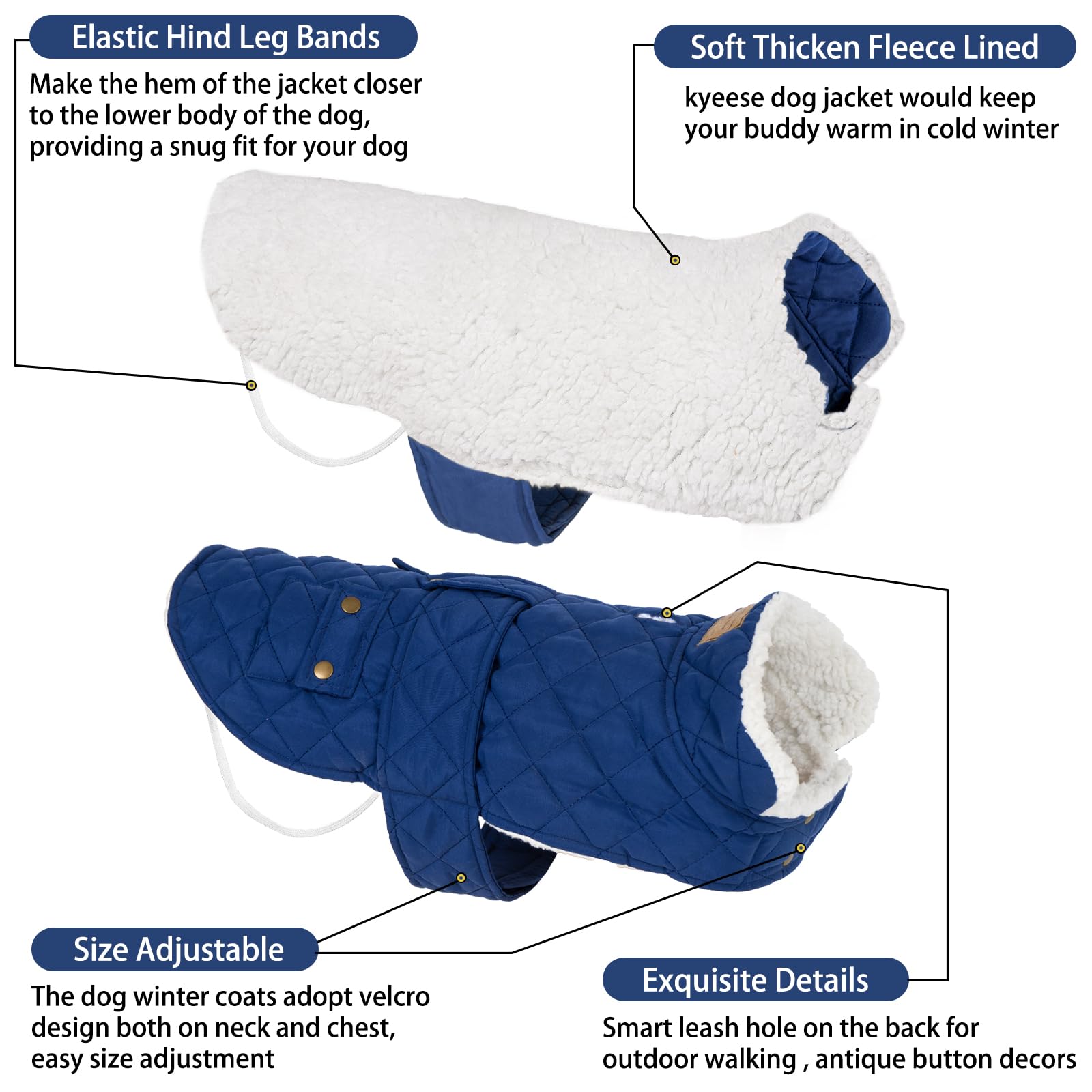 KYEESE Winter Dog Coat - Windproof Padded Sherpa Jacket with Furry Collar for Small Dogs | Warm Cozy Dog Clothes for Cold Weather | Perfect for Outdoor Walks, Winter Adventures & Daily Wear (Blue, Medium)