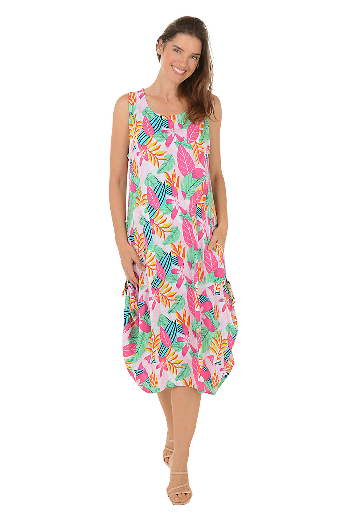 Fuchsia Leaf Print Sleeveless Convertible Maxi Dress for Women - Summer Beach Cover Up, Garden Party, Outdoor Wedding Guest Outfit