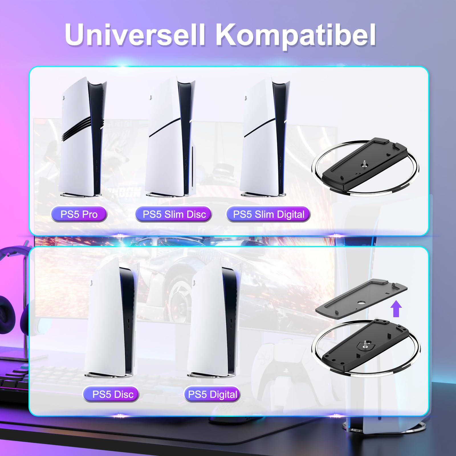 Juseisin PS5 Stand - Vertical Stand for Playstation 5 Slim, PS5 Pro, Standard & Digital Edition - Secure Cooling Base for Gaming Setup, Living Room & Bedroom Entertainment