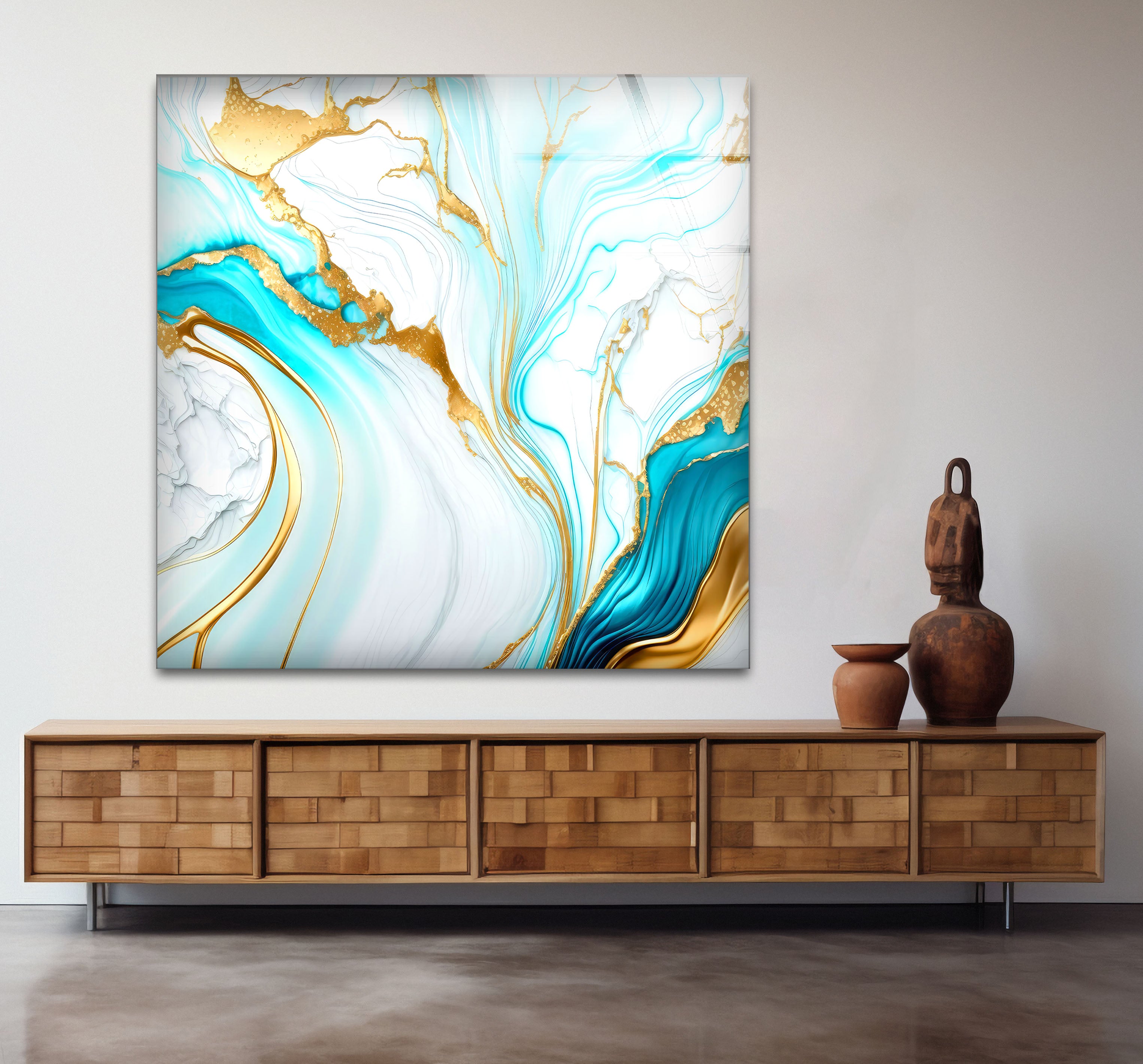 Blue and Gold Marble Wall Art - Elegant Abstract Fluid Glass Print for Living Room, Bedroom & Office Decor | Modern Home Wall Decorations