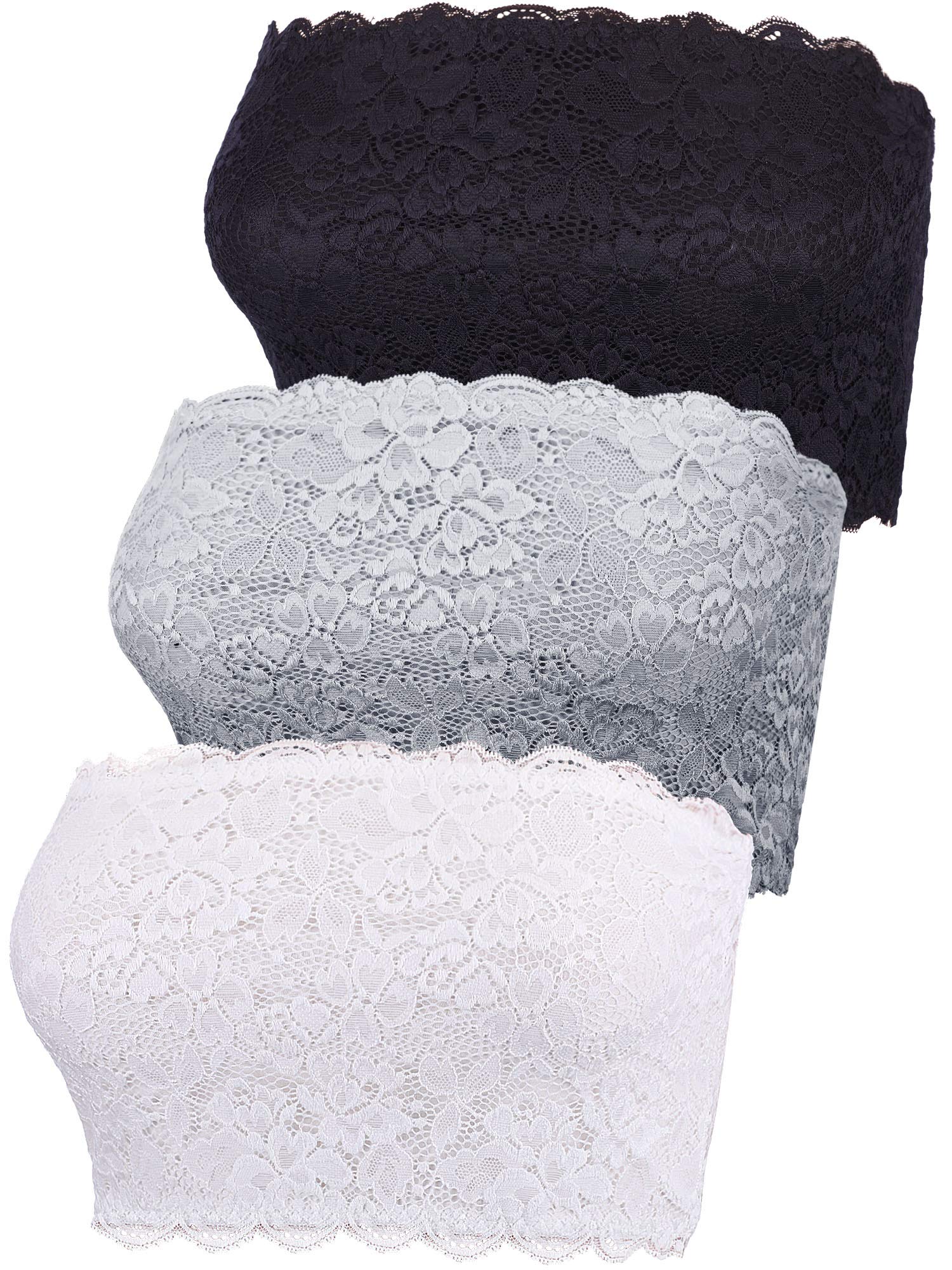 Boao 3-Piece Women's Floral Lace Tube Top Bandeau Bra Set - Seamless Stretchy Strapless Bralette & Bustier for Summer Outfits, Beachwear, and Layering