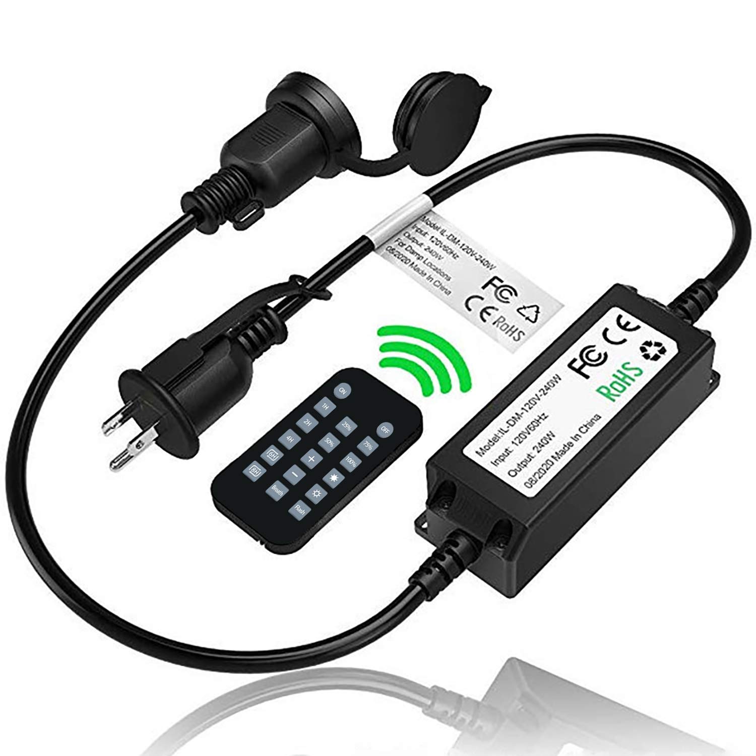 Outdoor Wireless Remote Control Dimmer for String Lights - 240W Plug-in Dimmer with 50Ft Range, Compatible with LED & Incandescent String Lights, 3-Prong Plug - Perfect for Patio, Garden, and Backyard Lighting