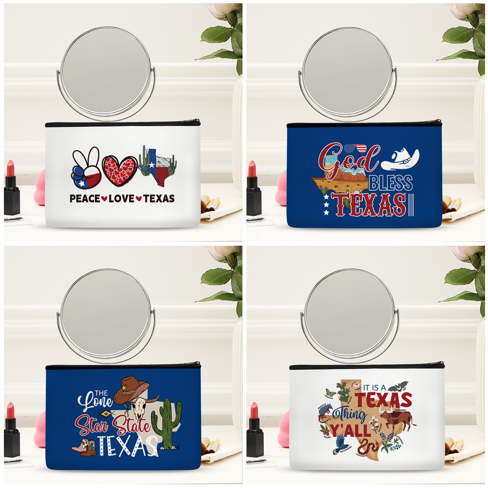 4pcs Texas-Themed Makeup Bags for Women - Waterproof Cosmetic Travel Organizer Zipper Pouch (Perfect for Vacation, Birthday Gifts, Christmas Party Favors & Sister Presents) - Great for Travel, Daily Use & Texas Souvenir Collectors