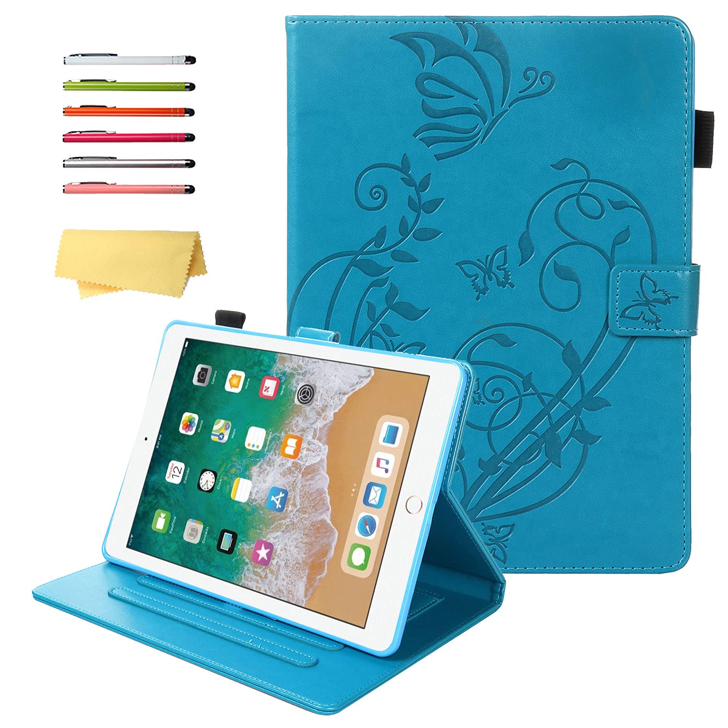 UUCOVERS Premium PU Leather Case for Apple iPad 9.7 (6th/5th Gen 2018/2017) & iPad Air 1/Air 2 - Auto Sleep/Wake, Stand & Pencil Holder - Floral Embossed Blue Butterfly Leaves Design - Perfect for Work, School & Travel