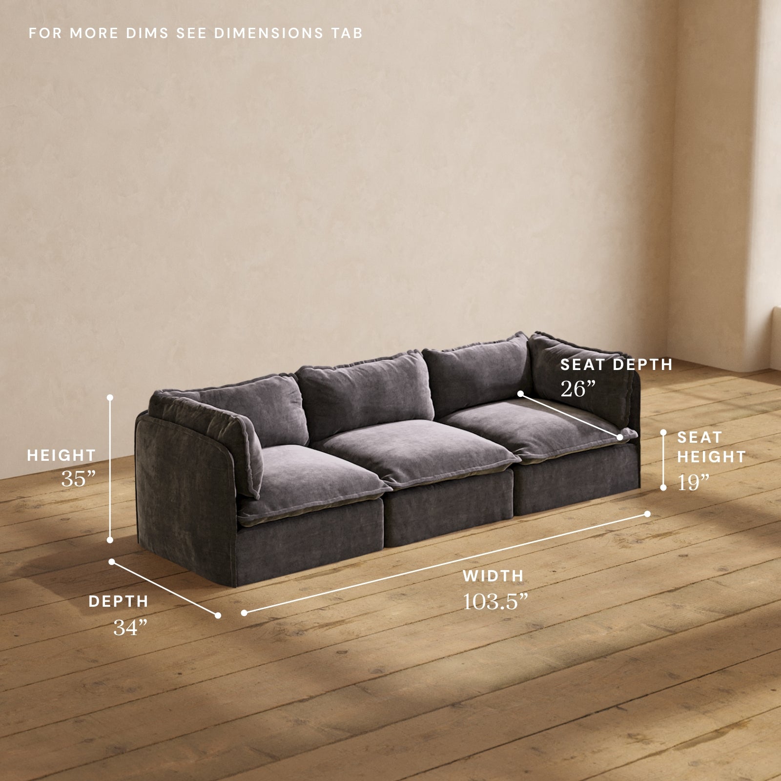 Modular Performance 3-Seater Sofa in Cinder Color | Relaxed Blend Fabric | Perfect for Living Room, Lounge & Home Theater Comfort