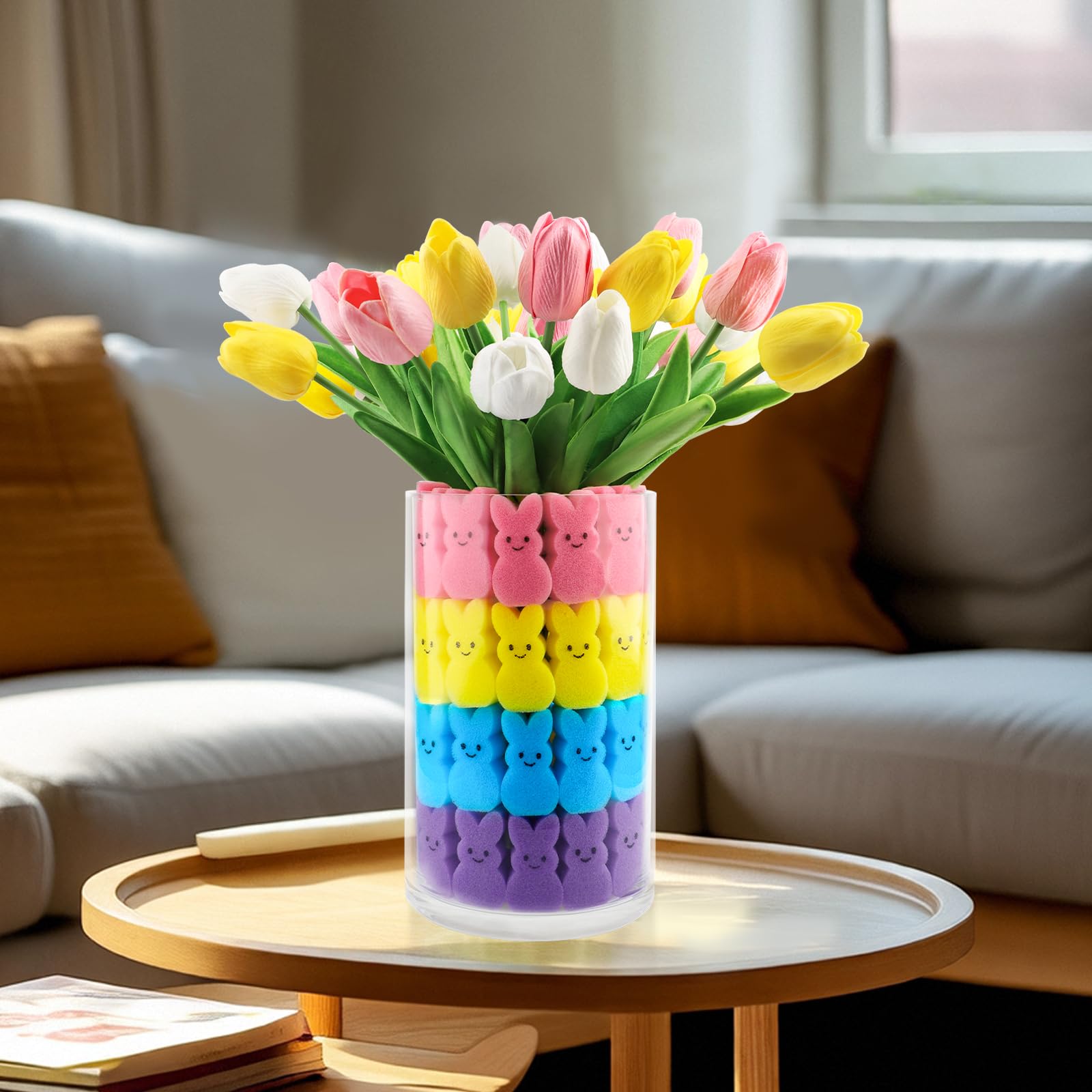 15pcs Artificial Tulips with 48pcs Bunnies Easter Vase Filler - Spring Home Decor for Tables, Indoor Centerpieces | Perfect for Easter Celebrations, Spring Parties & Home Styling