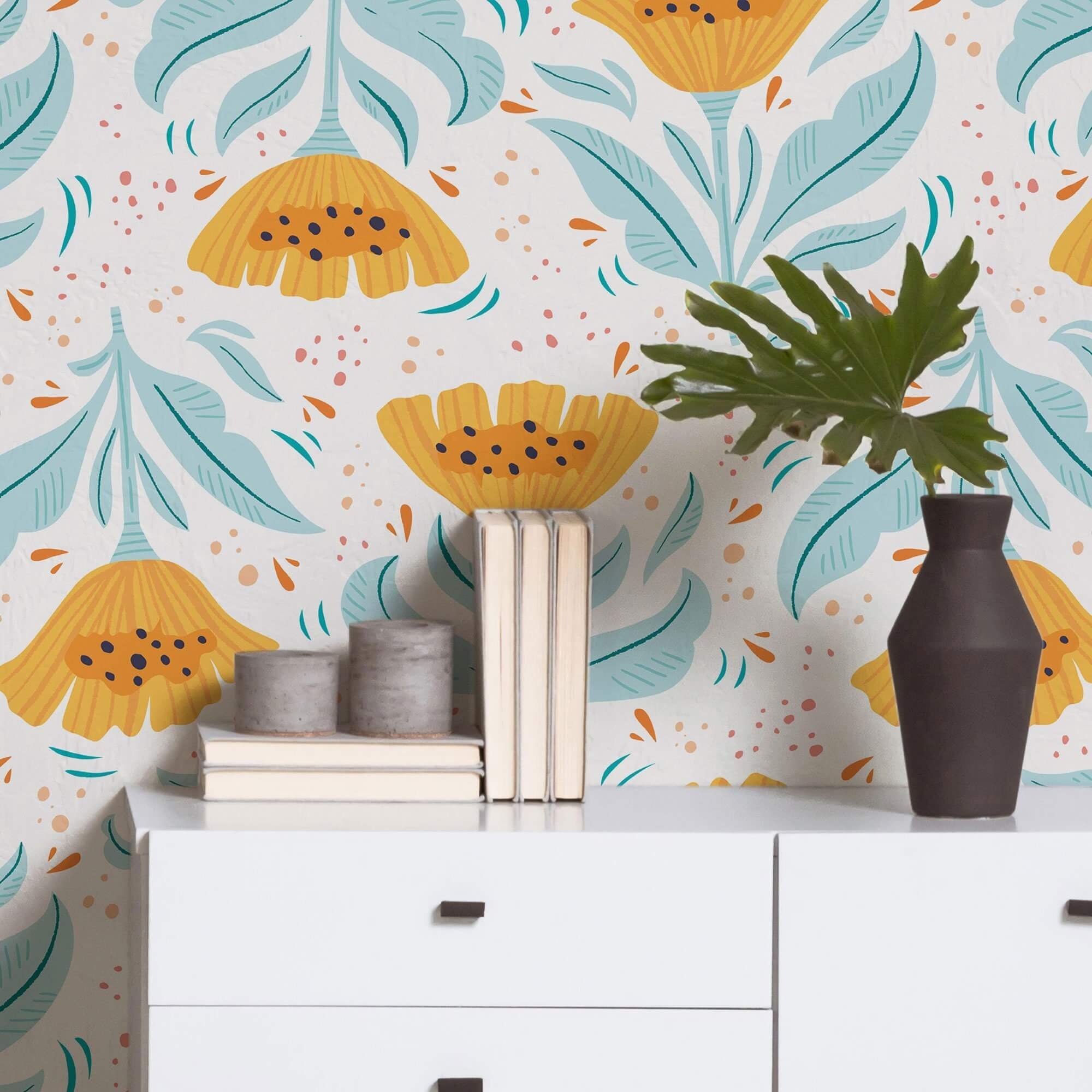 Yellow Botanical Floral Peel and Stick Removable Wallpaper 0880 - Self-Adhesive Wall Decor for Bedroom, Living Room & Nursery - Easy DIY Home Renovation