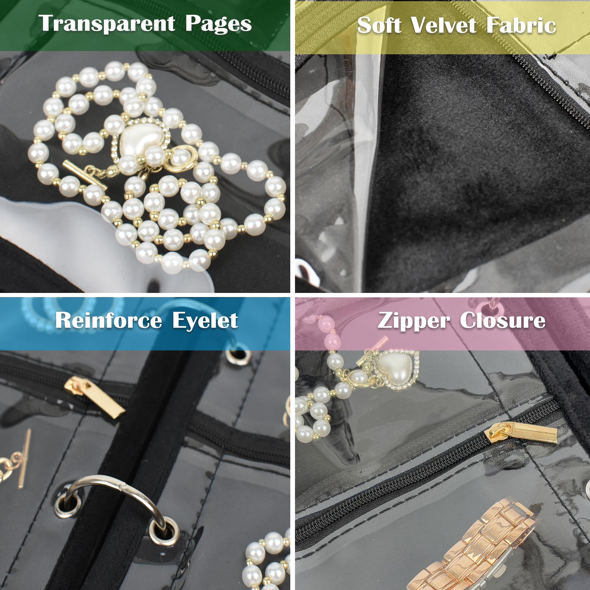 Travel Jewelry Organizer Case - 24 Pcs Clear Zipper Velvet Pouches for Earrings, Rings, Necklace, Bracelet & Watch Storage | Compact Jewelry Binder for Traveling & Organization (Black) - Perfect for Vacations, Business Trips & Daily Use