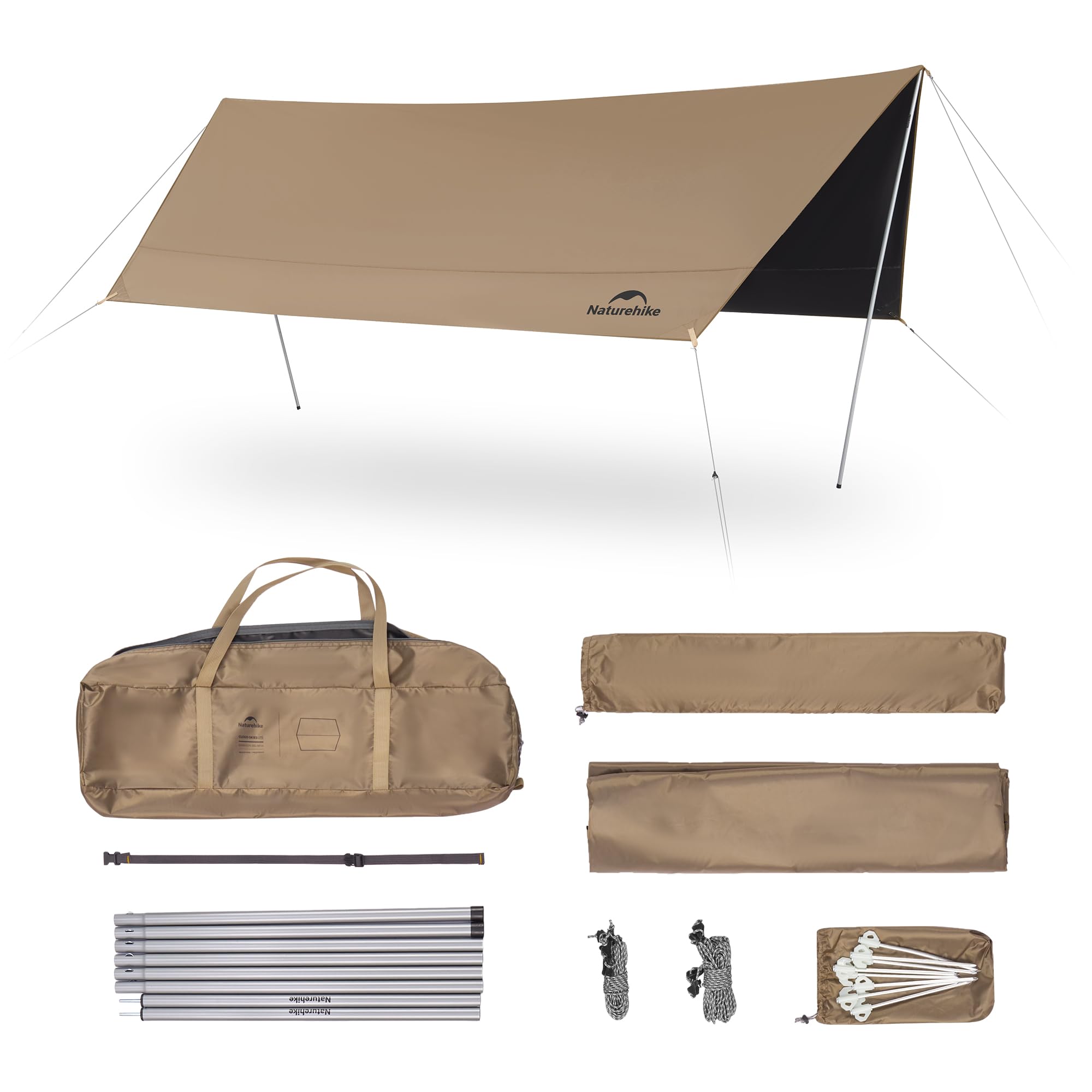 Naturehike Waterproof Camping Tent Tarp with Poles - PU 18000mm+ Rainproof, UV Protection UPF2000+ Sun Shelter - Lightweight Outdoor Canopy for Camping, Hiking, Beach, Picnic & Backyard Parties (16.4x12.5ft) CNK2350WS015