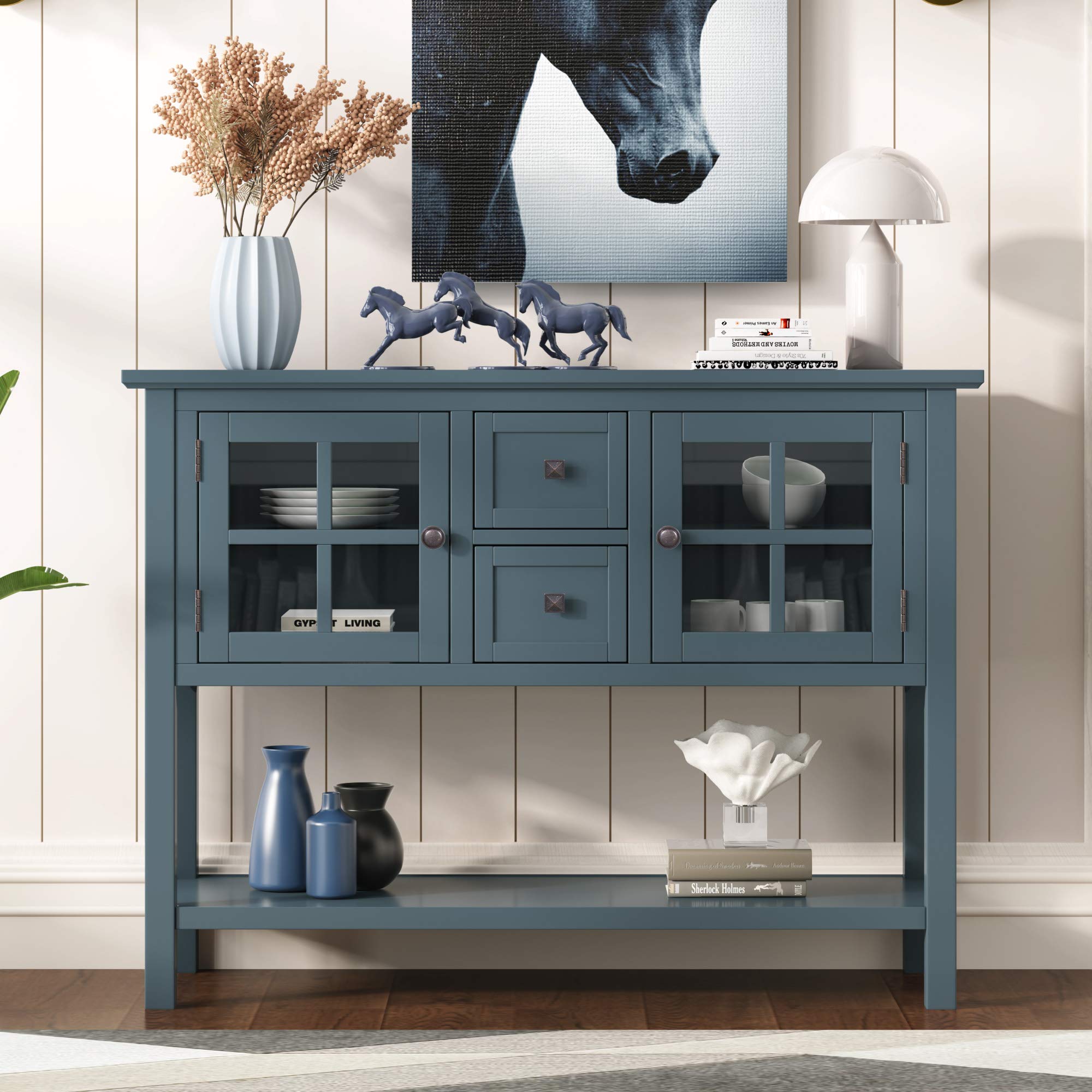 Modern Solid Wood Console Table with 2 Drawers & 2 Cabinets - Entryway Sofa Table with Storage Shelf for Living Room, Bedroom, Hallway - Easy Assembly Blue Wooden Hall Table for Home Decor & Organization
