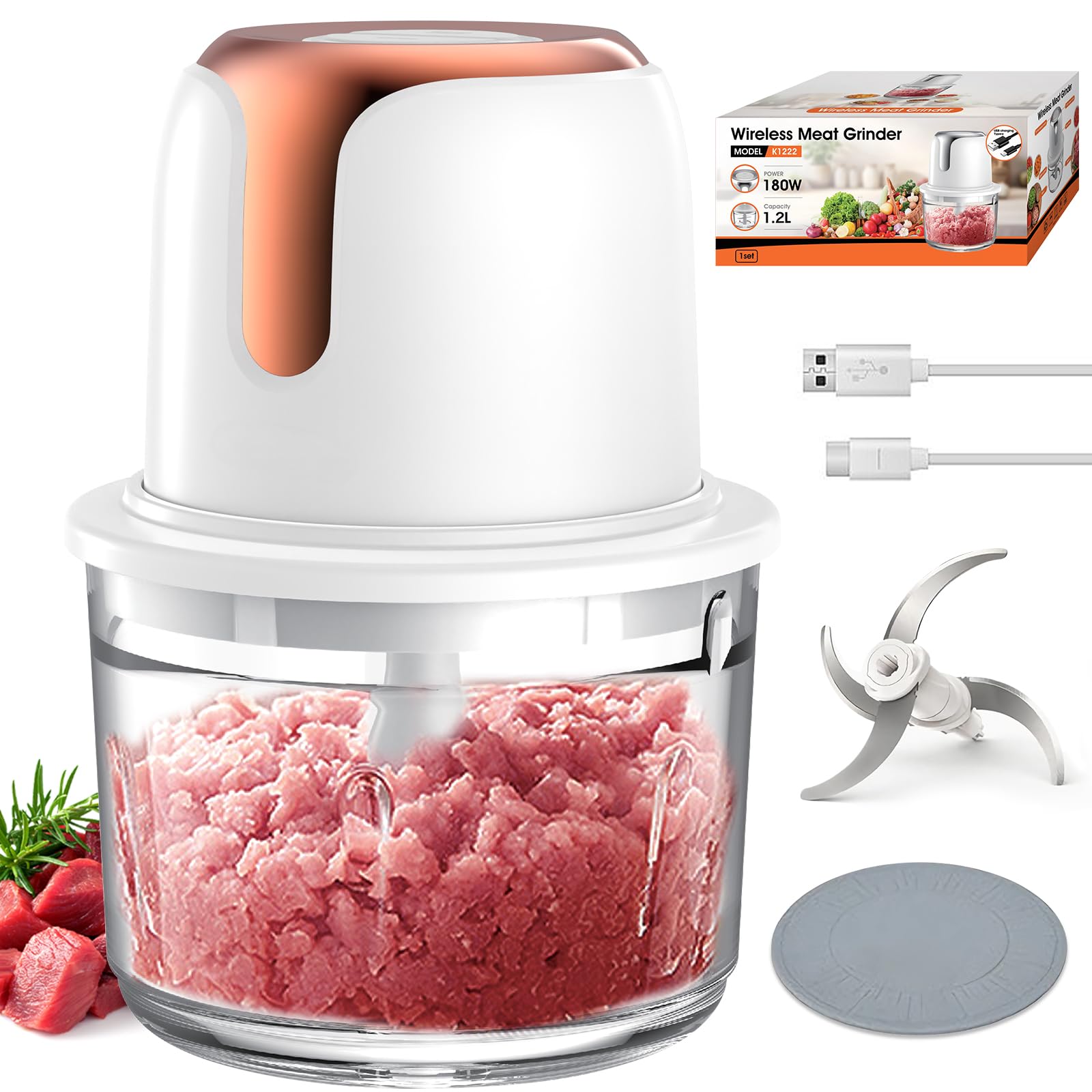Sunfuny Cordless Food Processor - 6000mAh USB-C Rechargeable Mini Chopper with 5-Cup Glass Bowl | Electric Meat Blender, Vegetable & Garlic Grinder for Kitchen | Perfect for Meal Prep, Baby Food & Smoothies (Rose Gold)