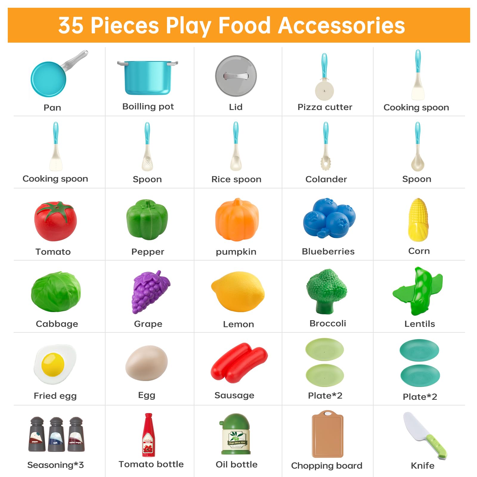 35Pcs Kids Kitchen Toy Accessories Set - Pretend Play Cooking Utensils with Pots, Pans, Toy Vegetables & Cookware - Educational Learning Gift for Toddlers & Preschoolers (Turquoise) - Perfect for Role Play, Birthday Gifts & Early Childhood Development