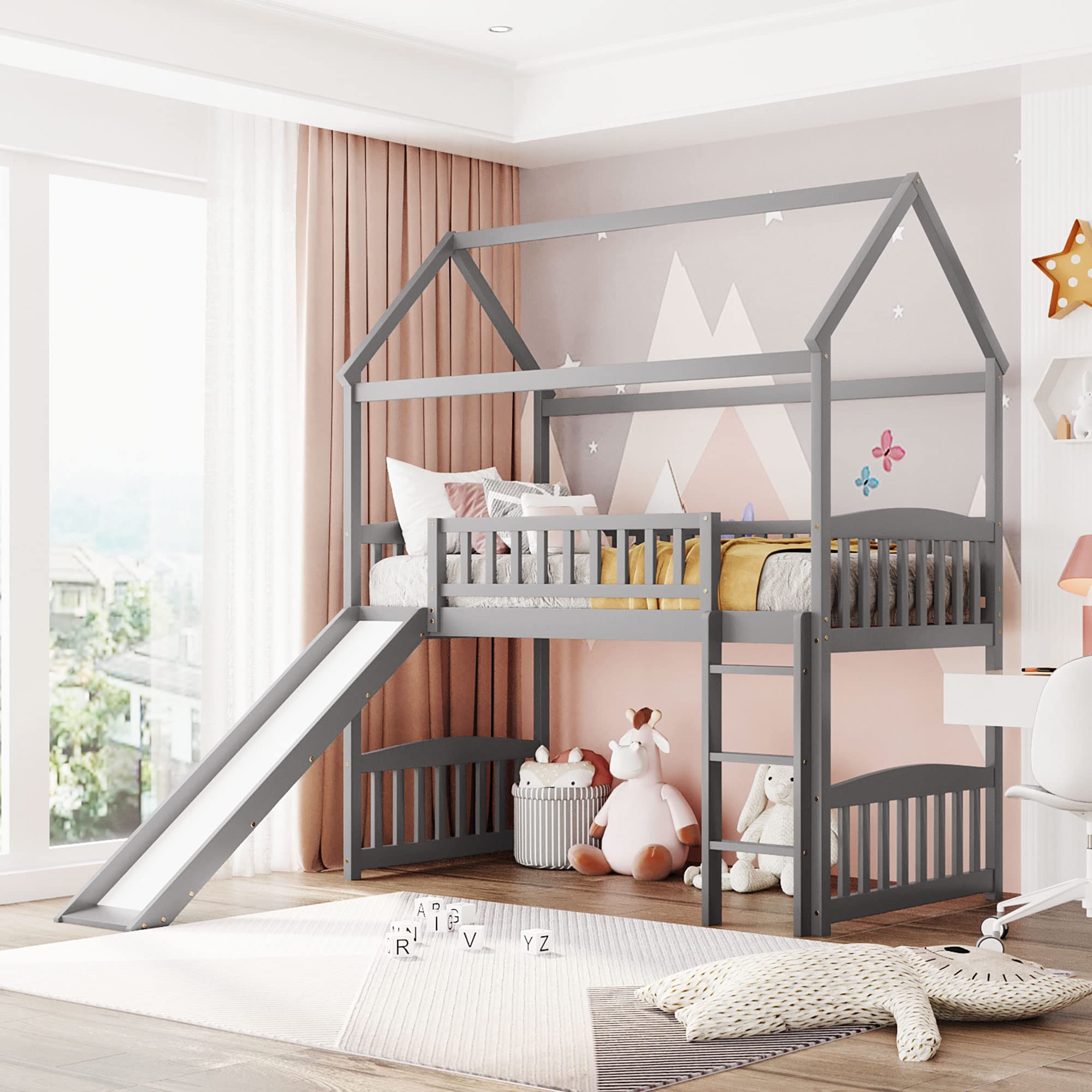 Bellemave Twin Loft Bed with Slide - Wooden House Style Bunk Bed with Roof for Kids & Toddlers - Space Saving Grey Loft Bed for Small Rooms - Perfect for Boys & Girls Bedroom, Playroom or Dorm